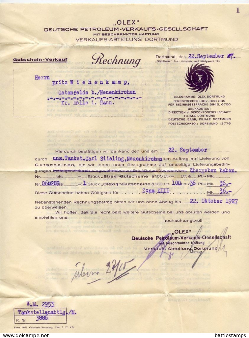 Germany 1927 Cover & Letter; Dortmund - „OLEX" Deutsche Petroleum-Verkaufs-Gesellschaft; 15pf. Meter - Machines à Affranchir