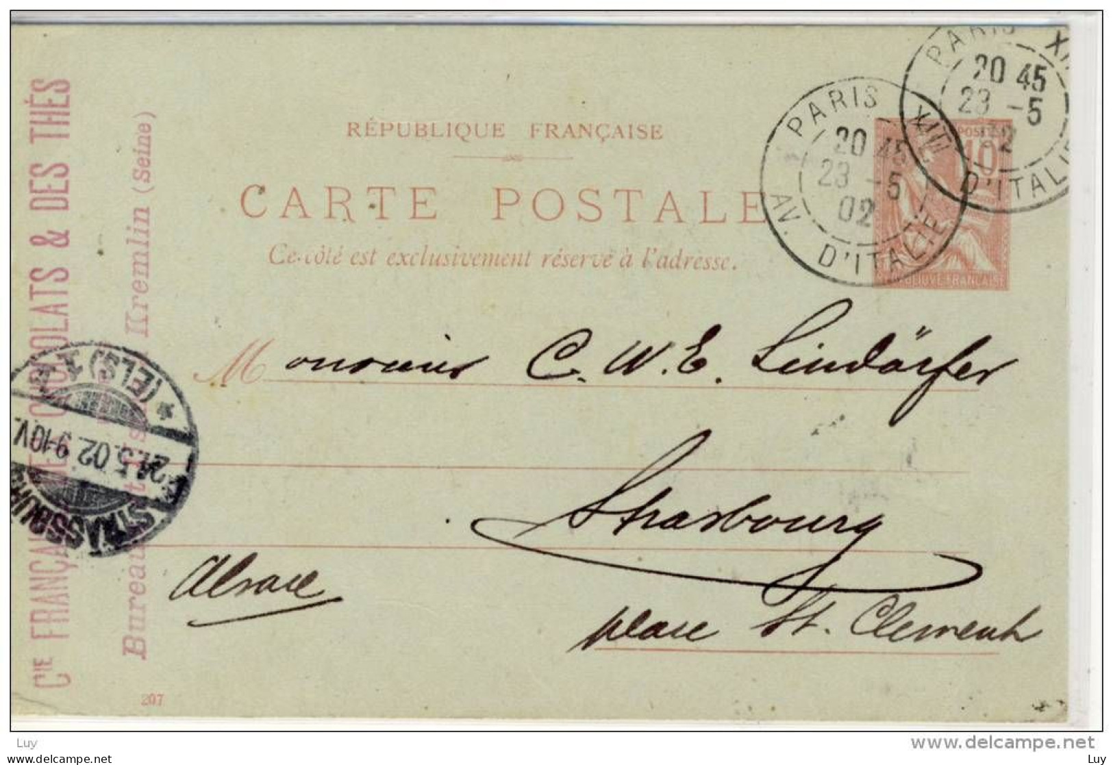 ENTIRE CP 10c , 1902;   Paris, Av. D'Italie  Pour  Strasbourg, Exped.: Francaise Des Chocolats & Des Thes - Cartes Postales Types Et TSC (avant 1995)