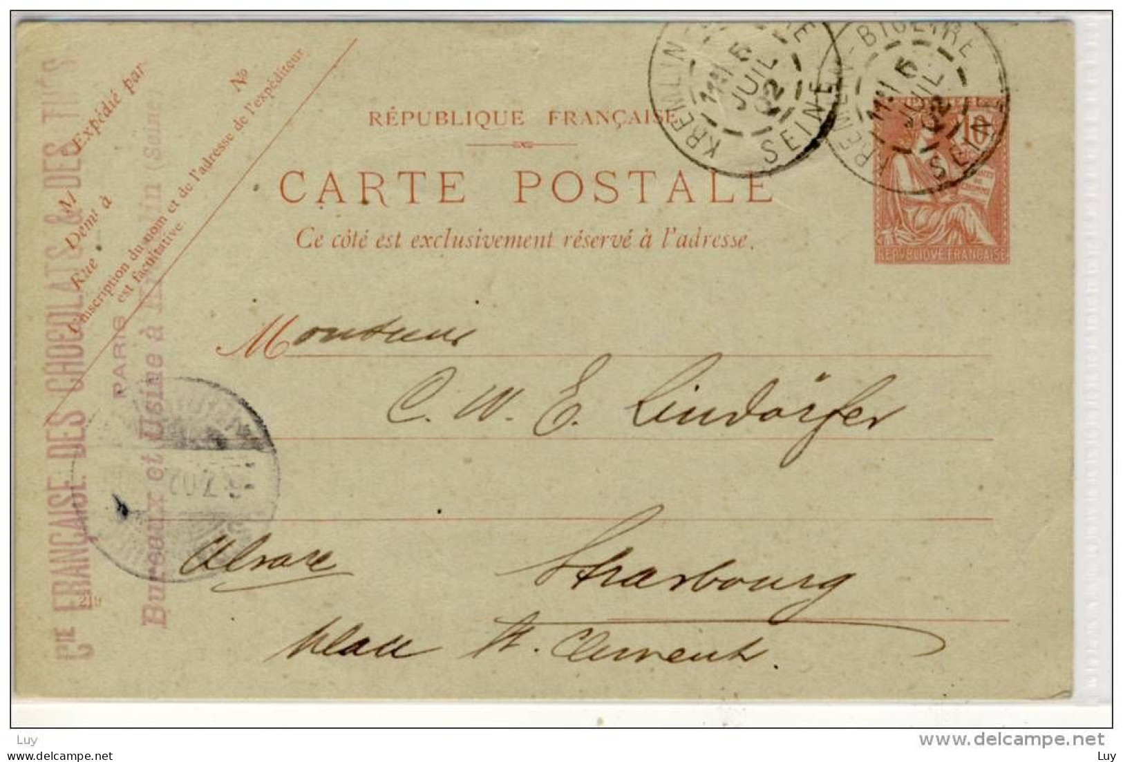 ENTIRE CP 10c , 1902;   Kremlin  Pour  Strasbourg, Exped.: Francaise Des Chocolats & Des Thes - Standaardpostkaarten En TSC (Voor 1995)