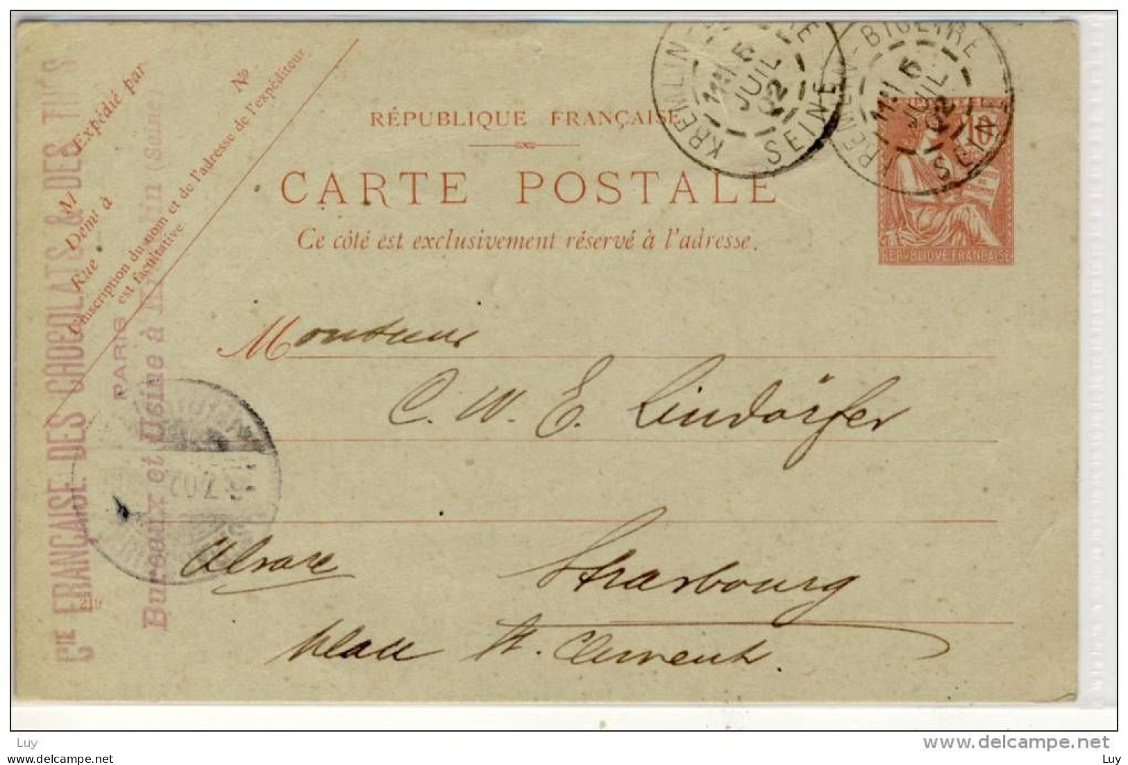 ENTIRE CP 10c , 1902;   Kremlin  Pour  Strasbourg, Exped.: Francaise Des Chocolats & Des Thes - Standard- Und TSC-AK (vor 1995)