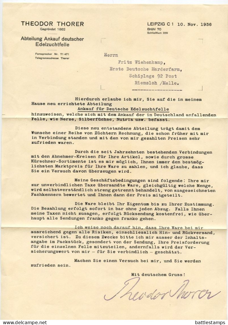 Germany 1936 Cover & Letter; Leipzig - Theodor Thorer, Abteilung Ankauf Deutscher Edelzuchtfelle; 3pf. Meter - Macchine Per Obliterare (EMA)