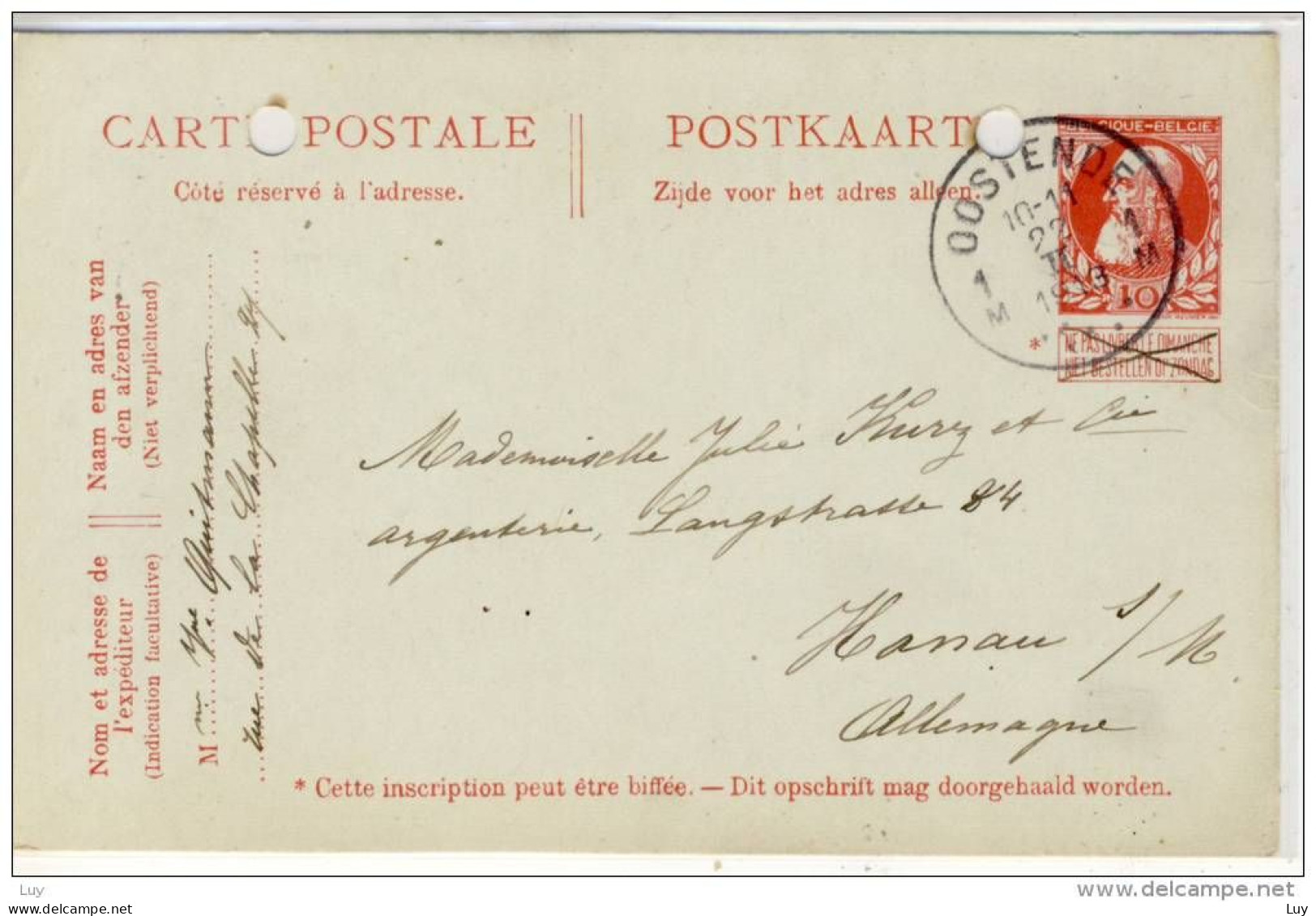 ENTIRE CP - Postkaart,  1913,  Cachet OOSTENDE - Postkarten 1909-1934