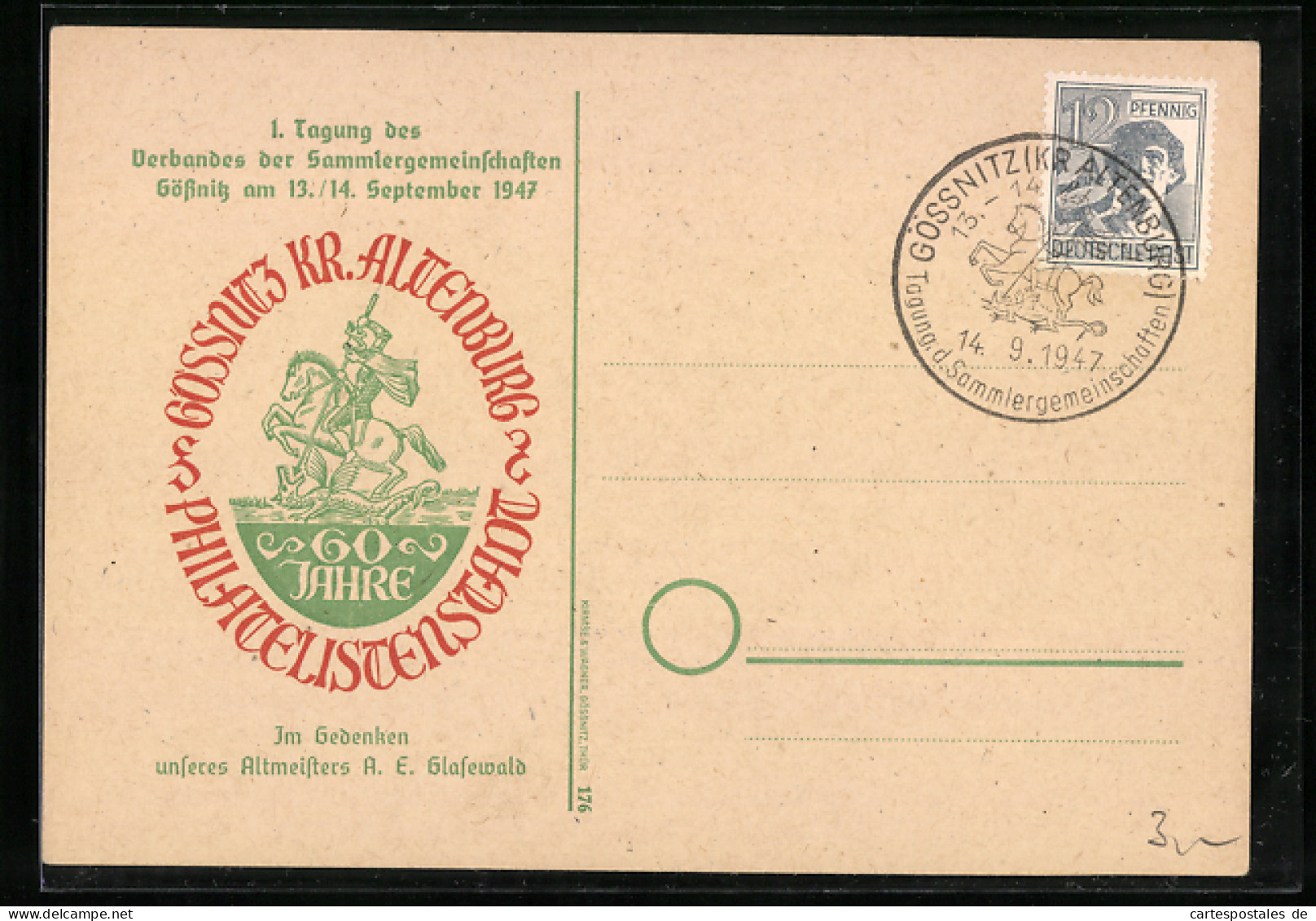 AK Gössnitz, 1. Tagung Des Verbandes Der Sammlergemeinschaften 1947  - Briefmarken (Abbildungen)