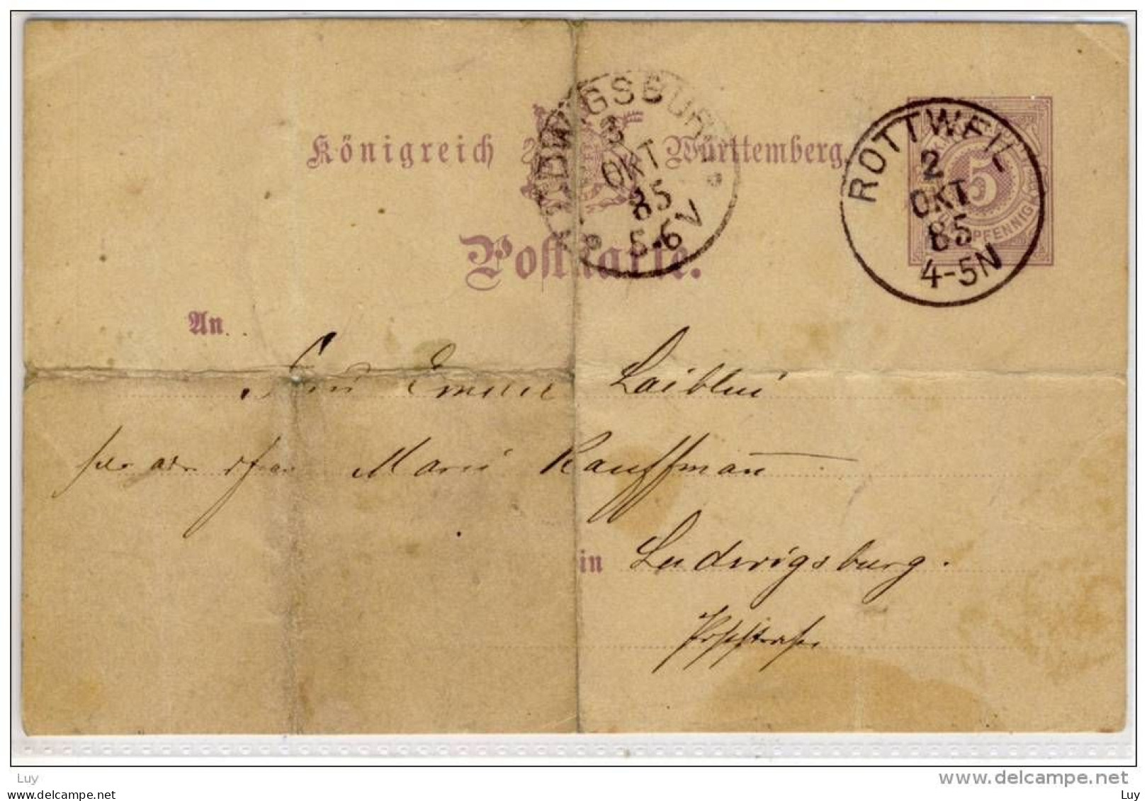 Postkart,e Ganzsache, 1885, Königreich Württemberg, Gelaufen Von Rottweil Nach Ludwigsburg - Ganzsachen