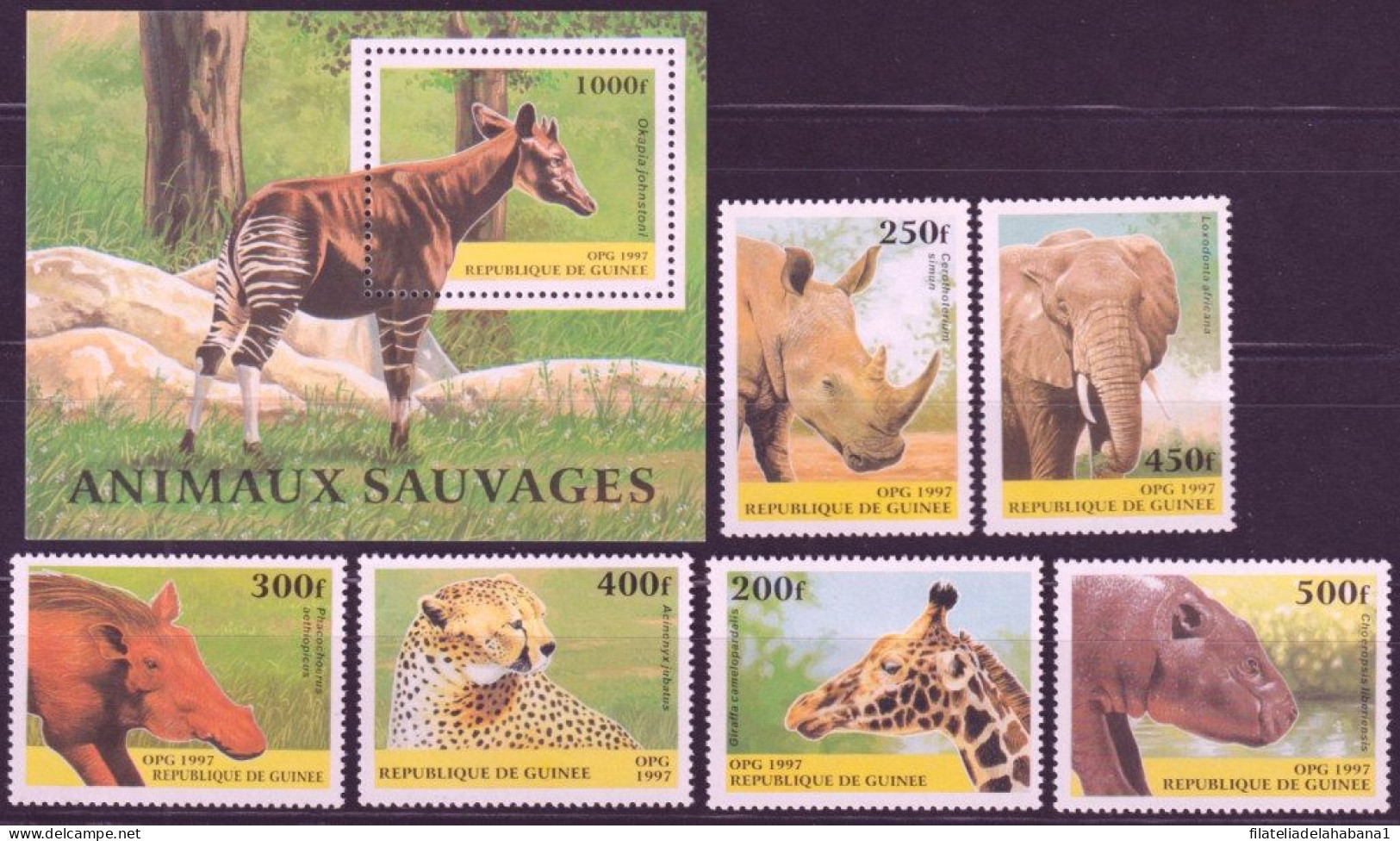 F-EX50298 GUINEA GUINEE MNH 1997 AFRICAN FAUNA RHYNO ELEPHANT ZEBRA CHEETAH.  - Animalez De Caza