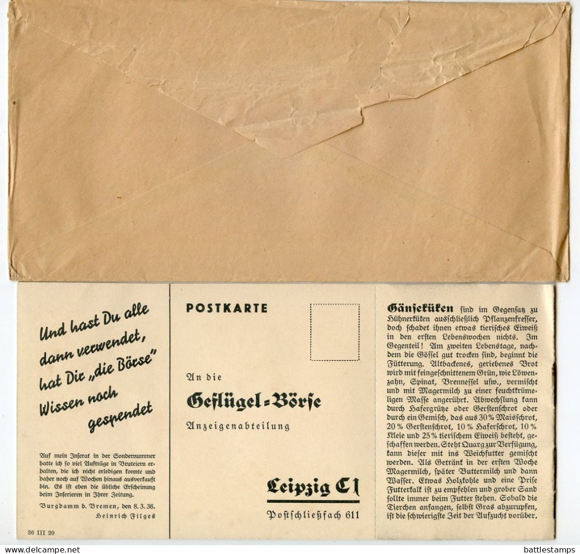 Germany 1936 Cover & Booklet Of 4 Postcards; Leipzig - Geflügel-Börse (Poultry Exchange); 3pf. Meter - Maschinenstempel (EMA)