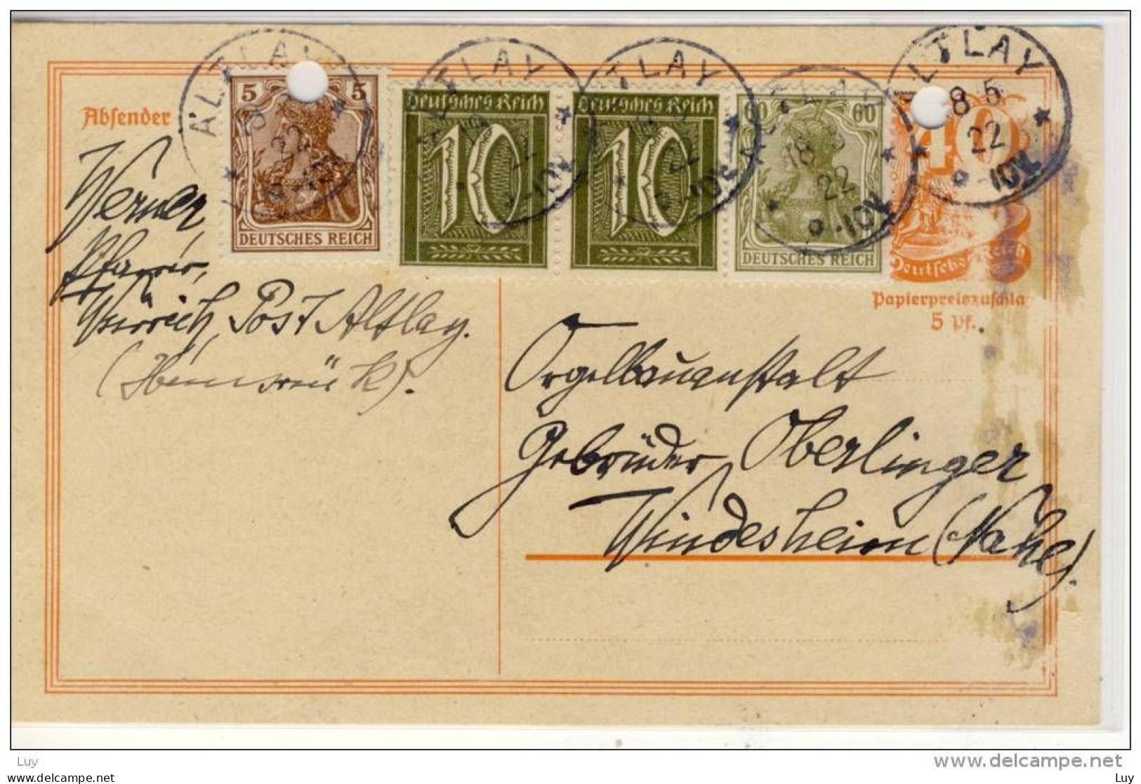 Postkarte, Ganzsache, M. Papierpreiszuschlag 5 Pf + 10 Pf Paar, Mi# 178, Zusatzfrankatur, Gel. 18.5.1922 V. Altley - Lettres & Documents