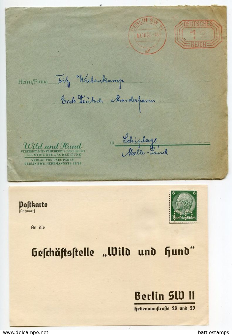 Germany 1937 12pf. Meter Cover W/ Letter & Reply Postcard With 6pf. Hindenburg Perfin Stamp; Berlin - Wild Und Hund - Machines à Affranchir (EMA)