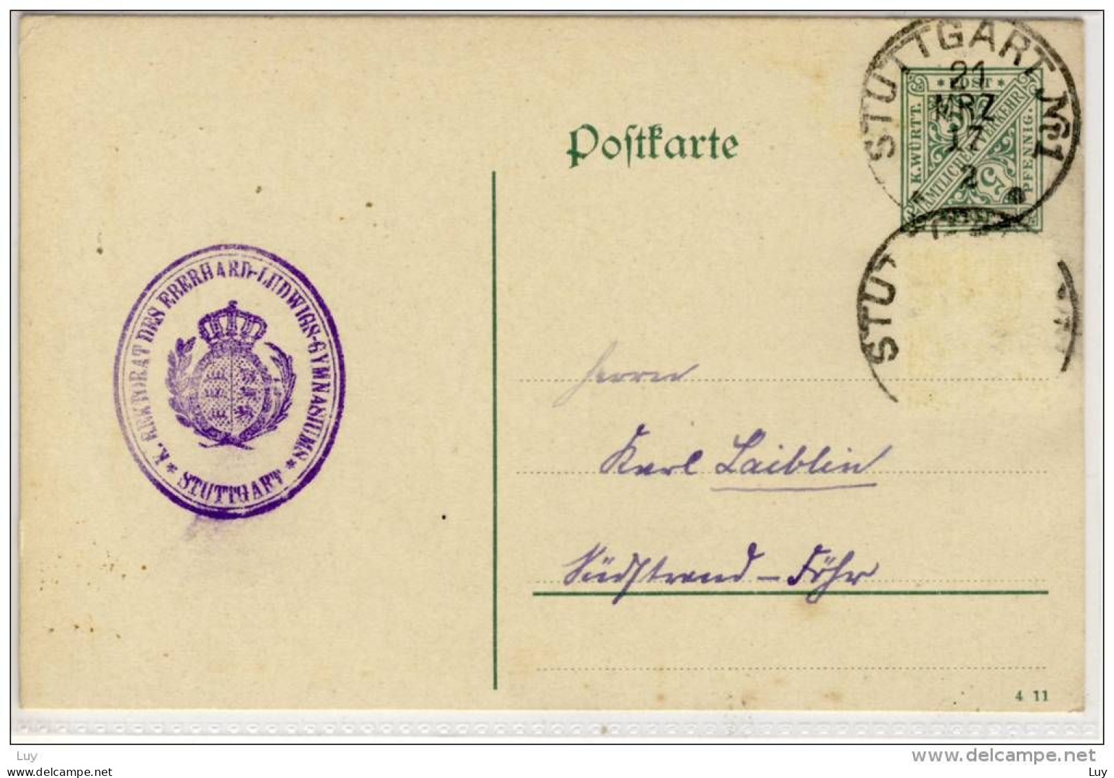 Postkarte, Ganzsache - Amtlicher Verkehr, Gel. V. Eberhard-Ludwigs-Gymnasium Stuttgart .... - Ganzsachen