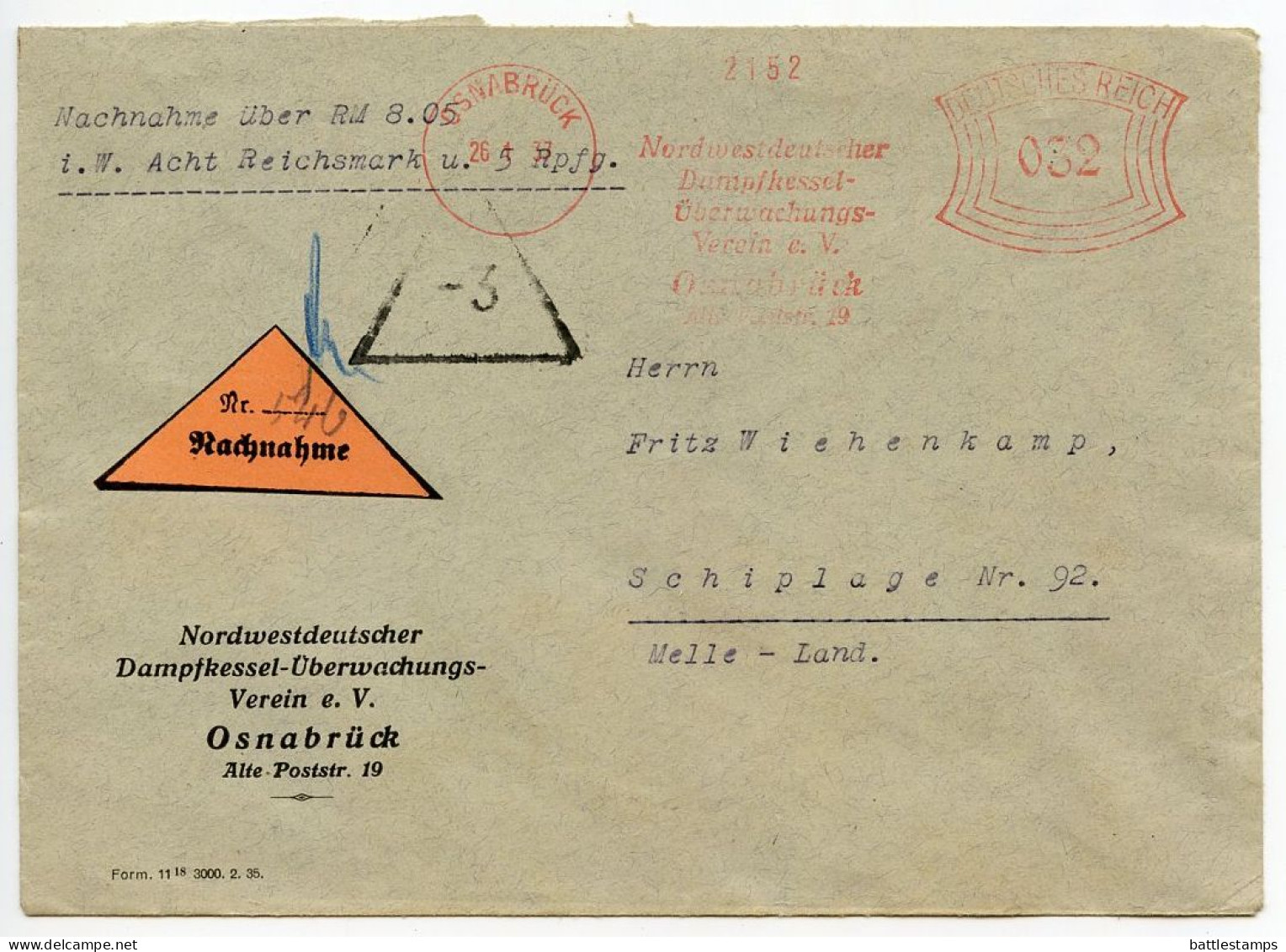 Germany 1937 Nachnahme Cover; Osnabrück - Nordwestdeutscher Dampfkessel-Überwachungs-Verein; 32pf. Meter - Maschinenstempel (EMA)