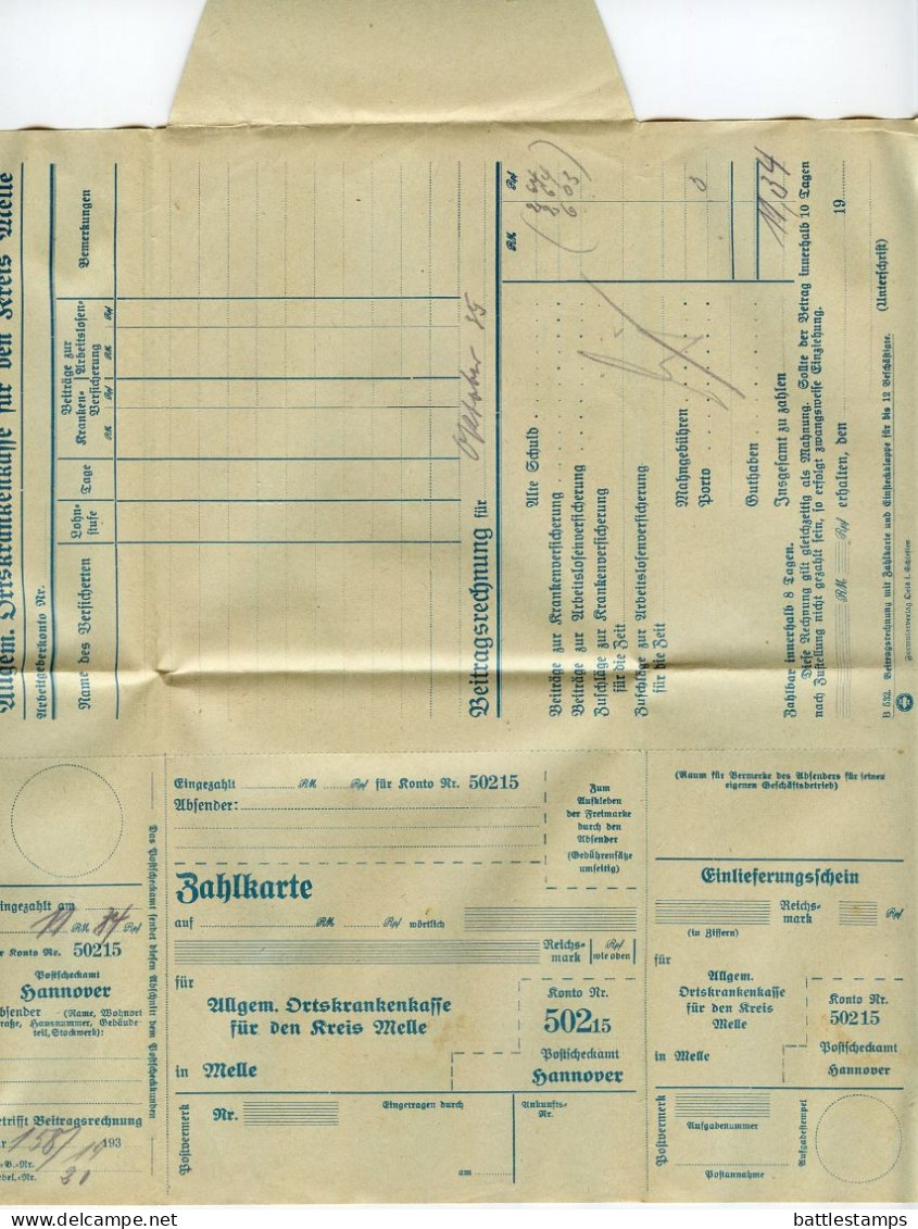 Germany 1935 Folded Zahlkarte; Melle - Allgemeine Ortskrankenkasse Für Den Kreis Melle; 3pf. Meter With Slogan - Maschinenstempel (EMA)