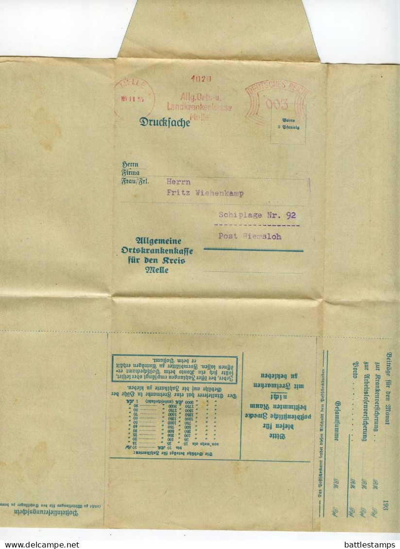 Germany 1935 Folded Zahlkarte; Melle - Allgemeine Ortskrankenkasse Für Den Kreis Melle; 3pf. Meter With Slogan - Maschinenstempel (EMA)