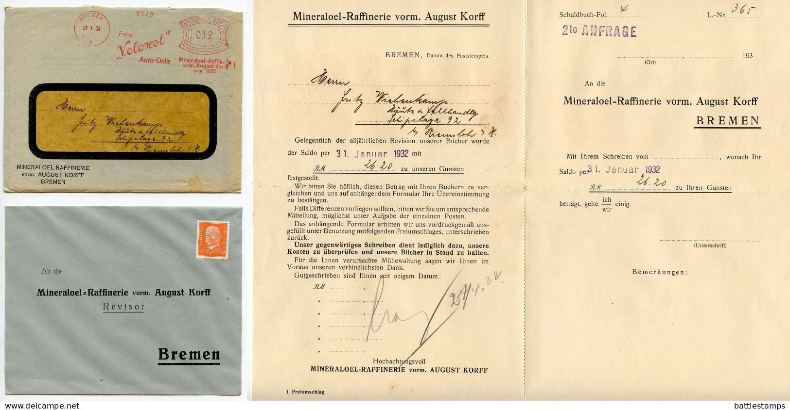 Germany 1932 12pf. Meter Cover W/ Letter & Reply Cover With 12pf Hindenburg Perfin Stamp; Bremen - Mineraloel Raffinerie - Franking Machines