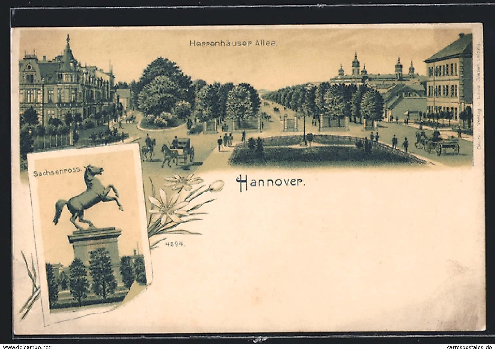 Lithographie Hannover, Herrenhäuser Allee, Sachsenross  - Hannover