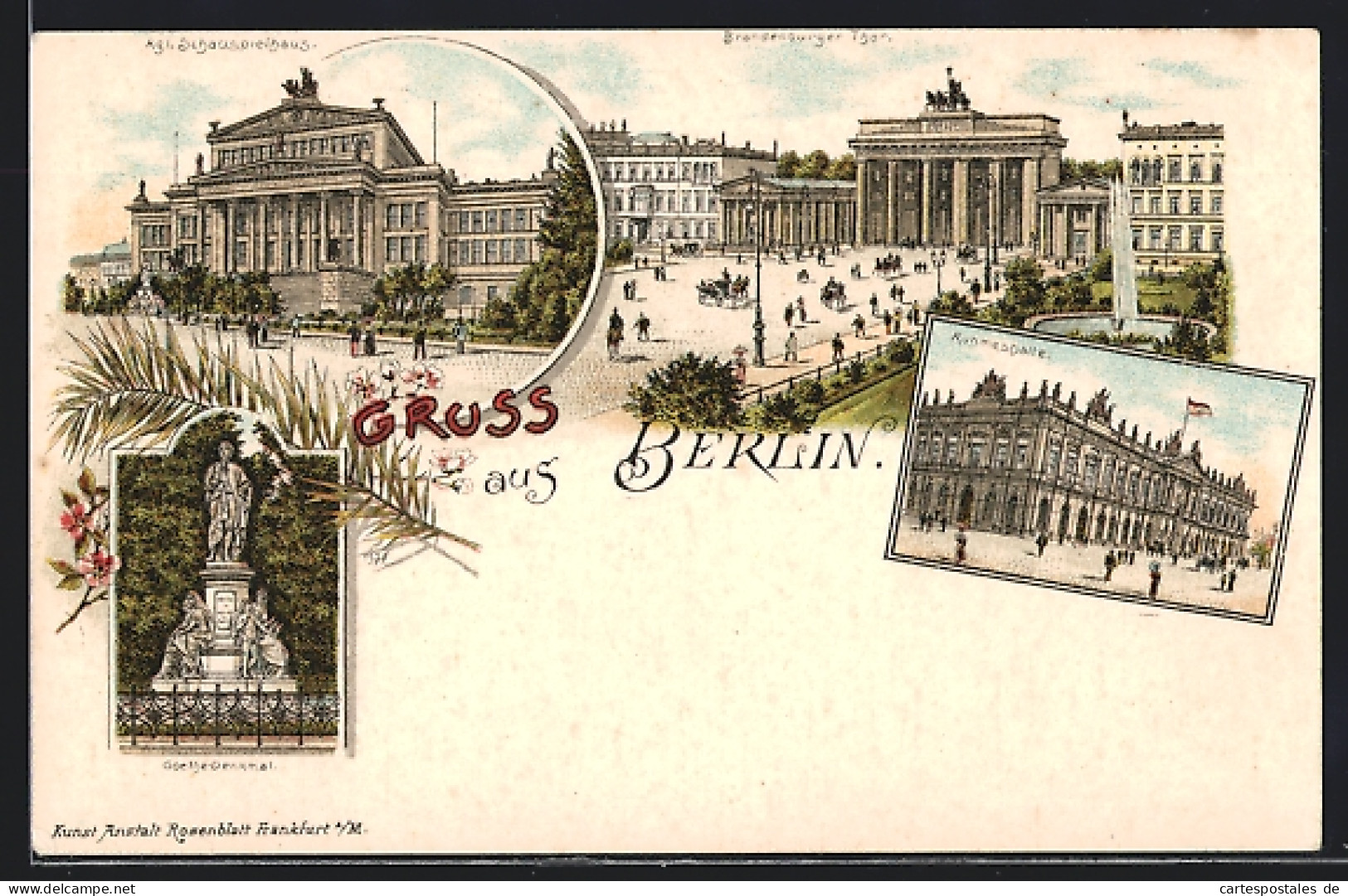 Lithographie Berlin, Brandenburger Tor, Ruhmeshalle, Schauspielhaus  - Porte De Brandebourg