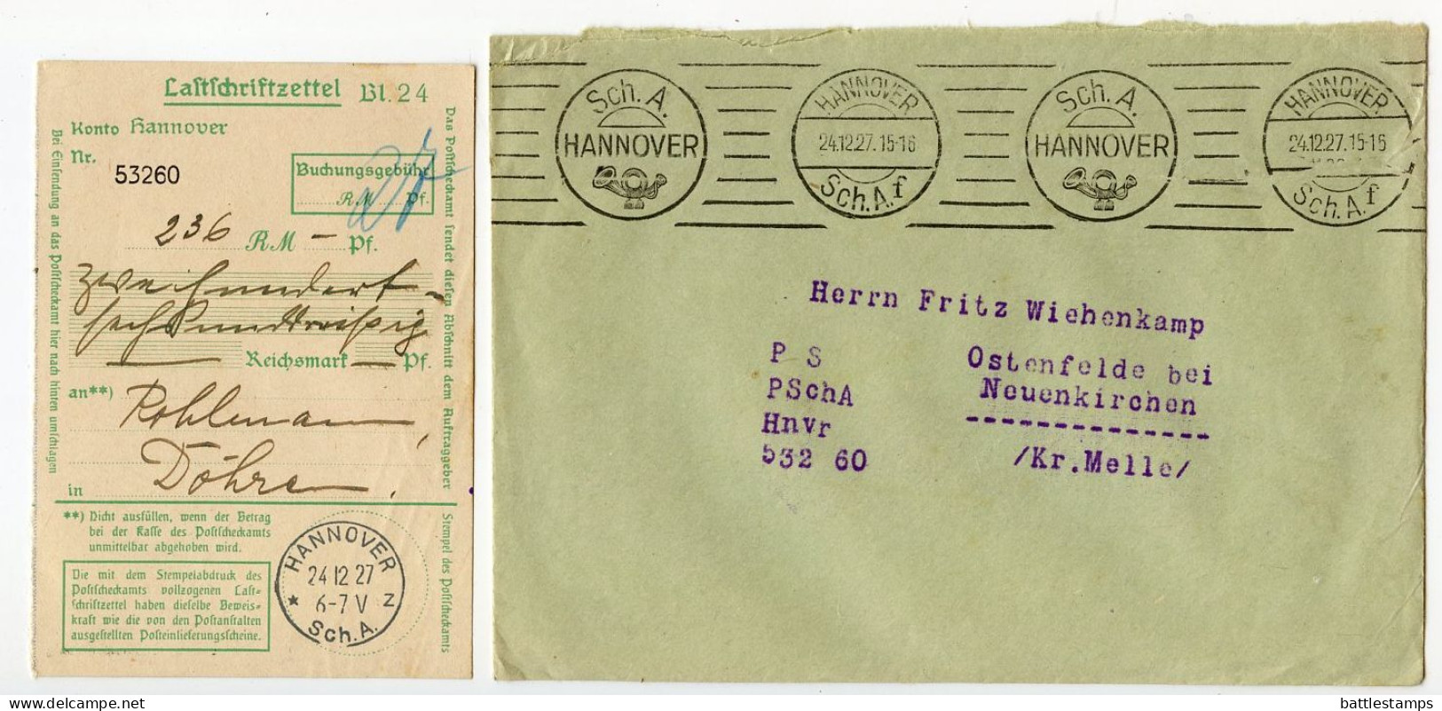 Germany 1927 Cover; Postscheckamt Hannover (Hanover Postal Check Office) With Kontoauszug (Account Statement) - Covers & Documents