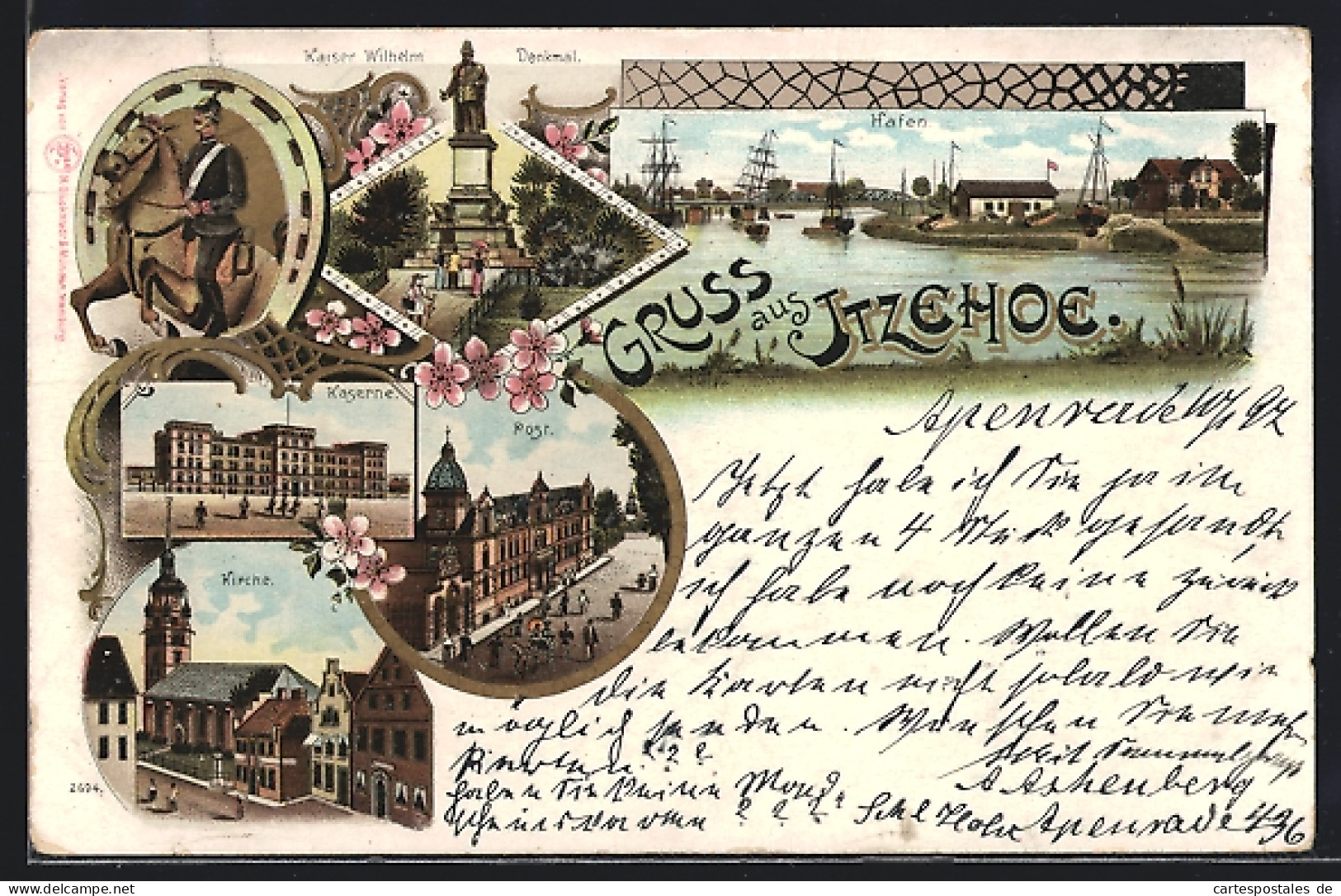 Lithographie Itzehoe, Kaiser Wilhelm Denkmal, Kaserne, Post, Hafen  - Itzehoe