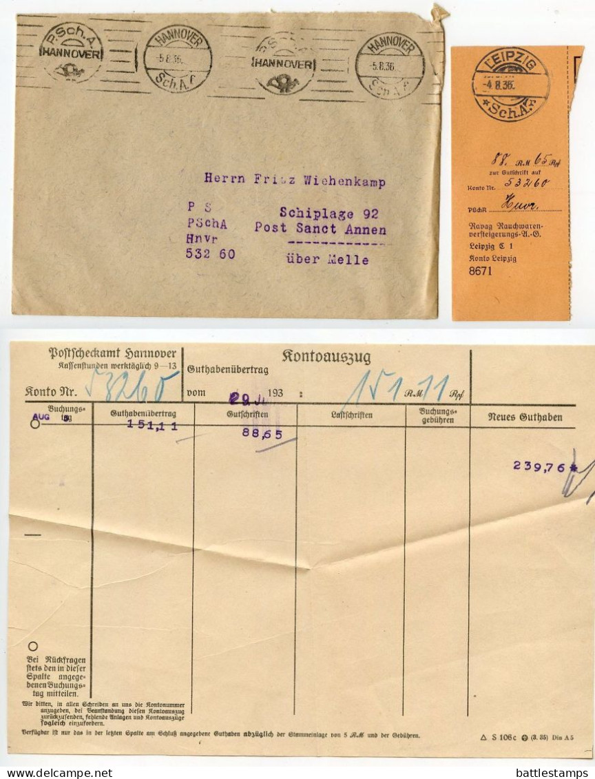 Germany 1936 Cover; Postscheckamt Hannover (Hanover Postal Check Office) With Kontoauszug (Account Statement) - Covers & Documents