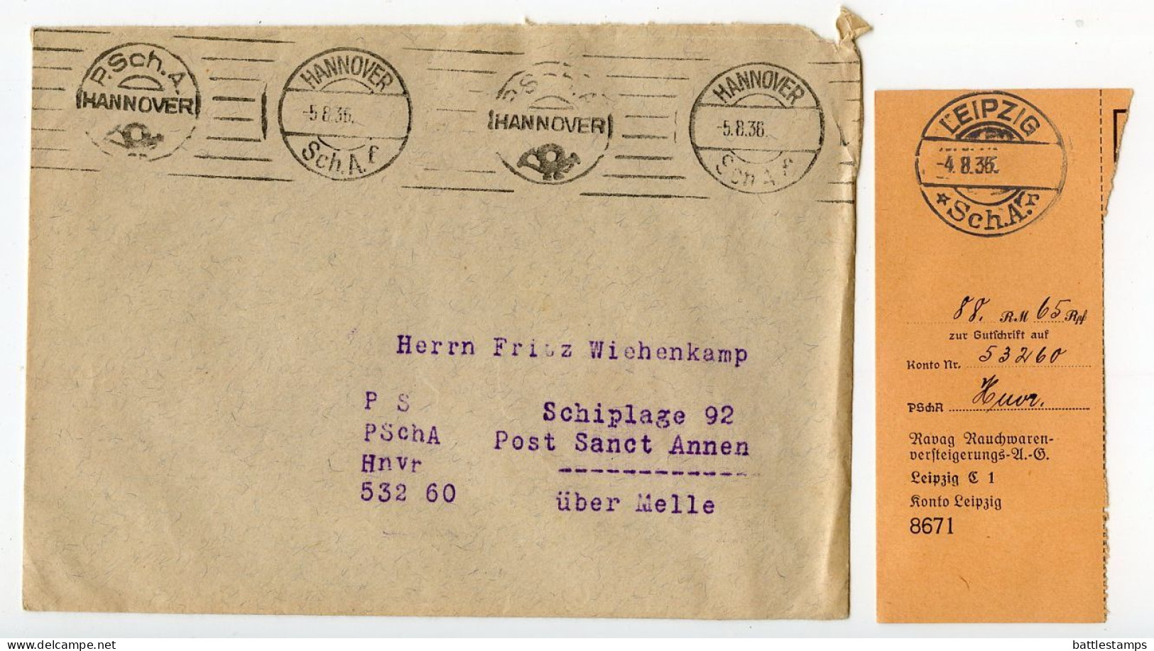 Germany 1936 Cover; Postscheckamt Hannover (Hanover Postal Check Office) With Kontoauszug (Account Statement) - Covers & Documents