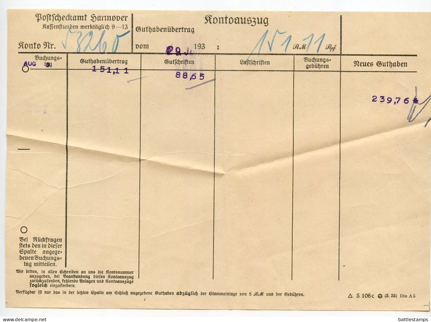 Germany 1936 Cover; Postscheckamt Hannover (Hanover Postal Check Office) With Kontoauszug (Account Statement) - Covers & Documents
