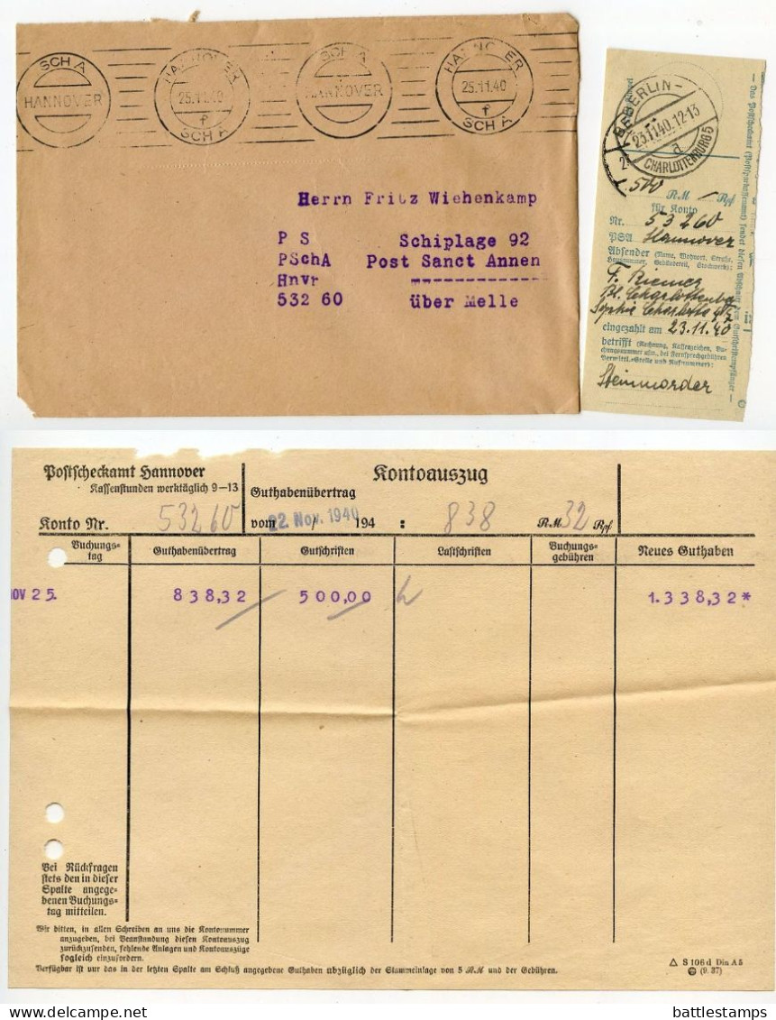 Germany 1940 Cover; Postscheckamt Hannover (Hanover Postal Check Office) With Kontoauszug (Account Statement) - Covers & Documents