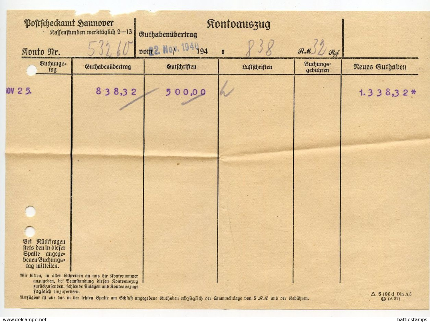 Germany 1940 Cover; Postscheckamt Hannover (Hanover Postal Check Office) With Kontoauszug (Account Statement) - Covers & Documents