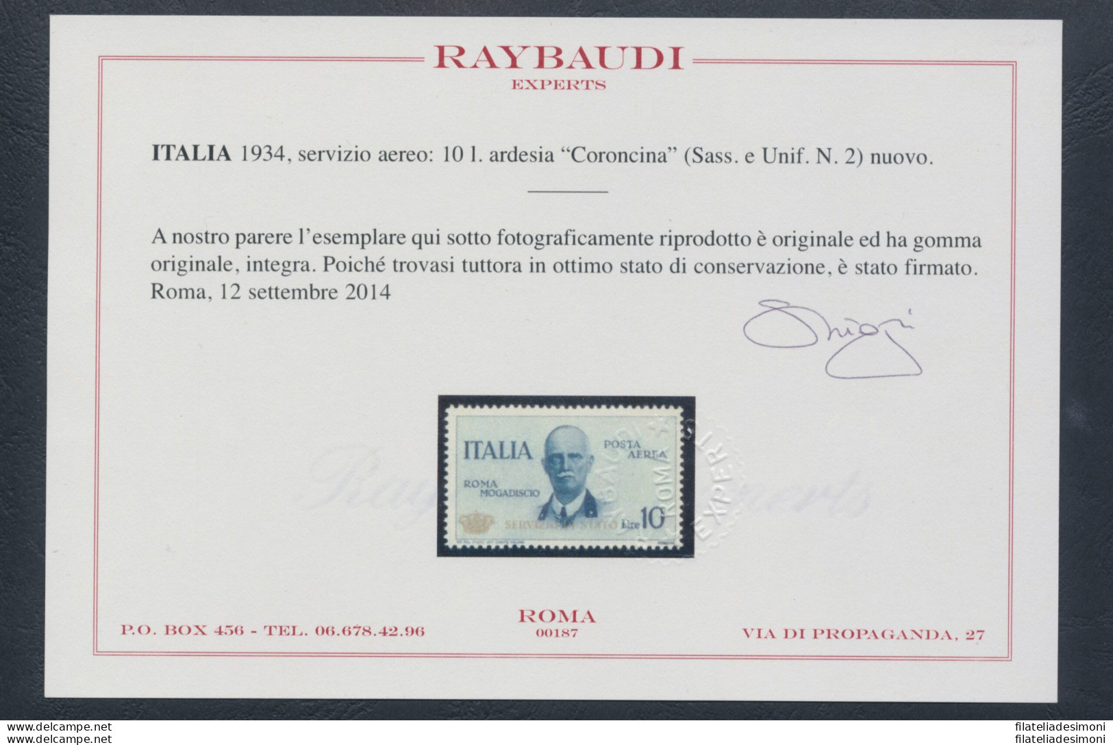 1934 Regno Di Italia - Servizio Aereo - 10 Lire Ardesia "Coroncina " - MNH** Certificato Raybaudi - Andere & Zonder Classificatie