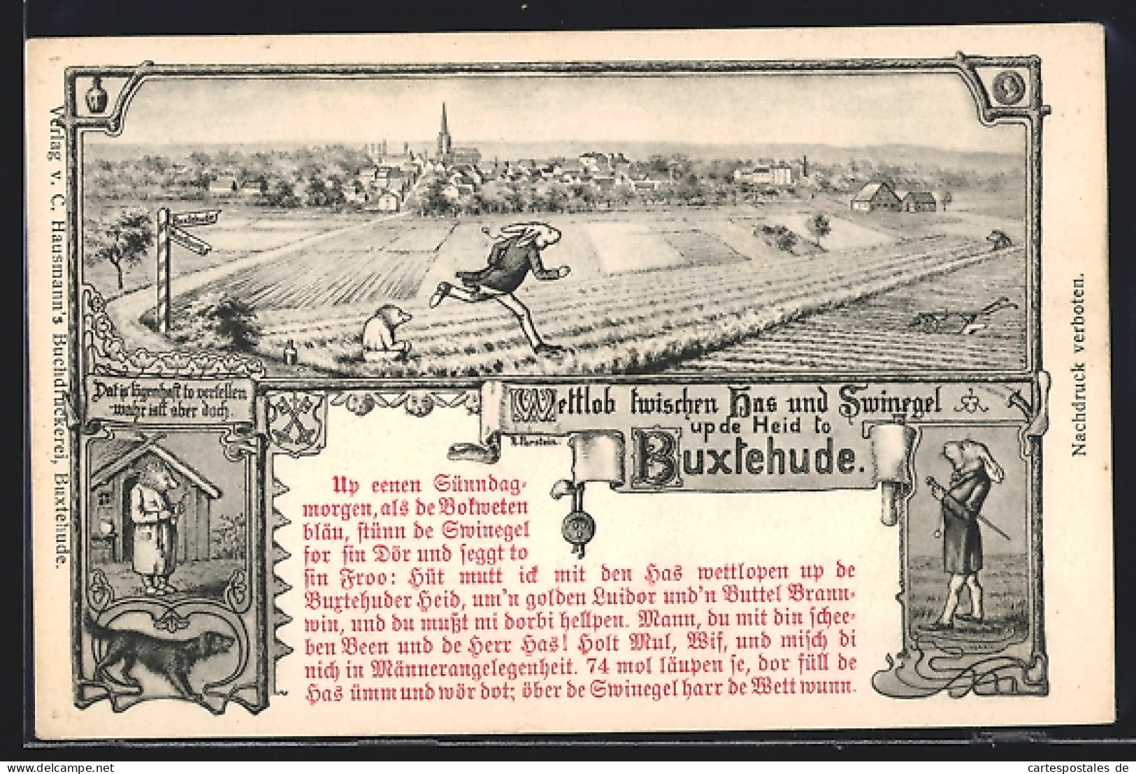 Lithographie Buxtehude, Der Wettlauf Zwischen Hase Und Igel Vor Der Ortschaft  - Buxtehude