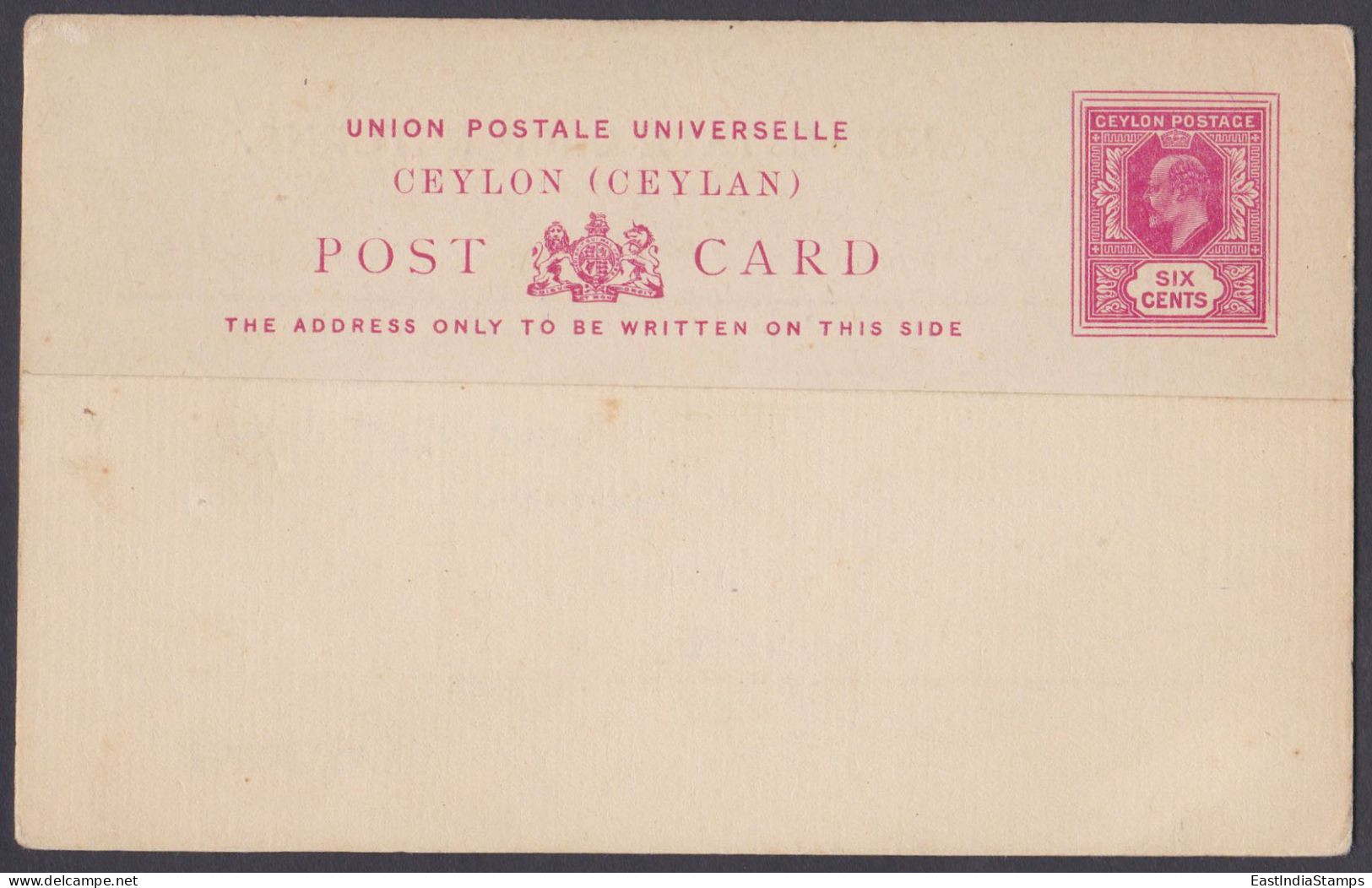 Sri Lanka Ceylon Mint Six Cents Postcard, King Edward VII, Post Card, UPU, Universal Postal Union, Postal Stationery - Sri Lanka (Ceylan) (1948-...)