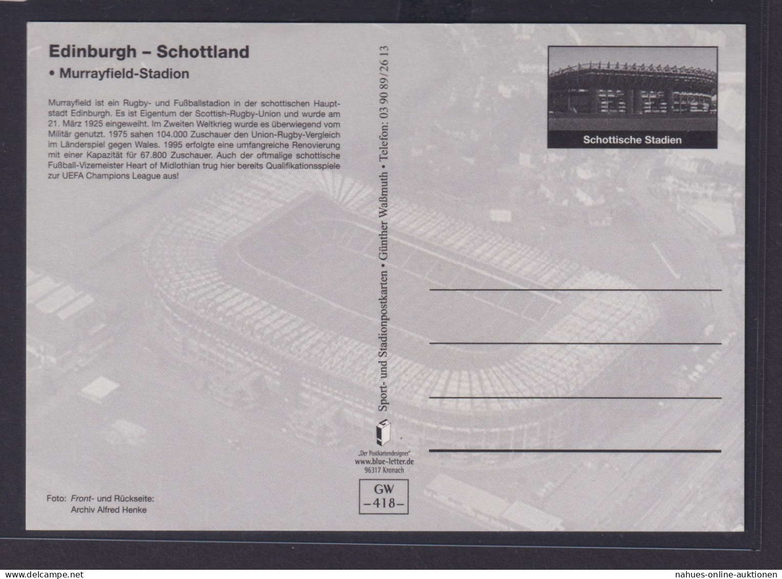 Ansichtskarte Fußballstadion Edinburgh Schottland Murrayfield - Andere & Zonder Classificatie