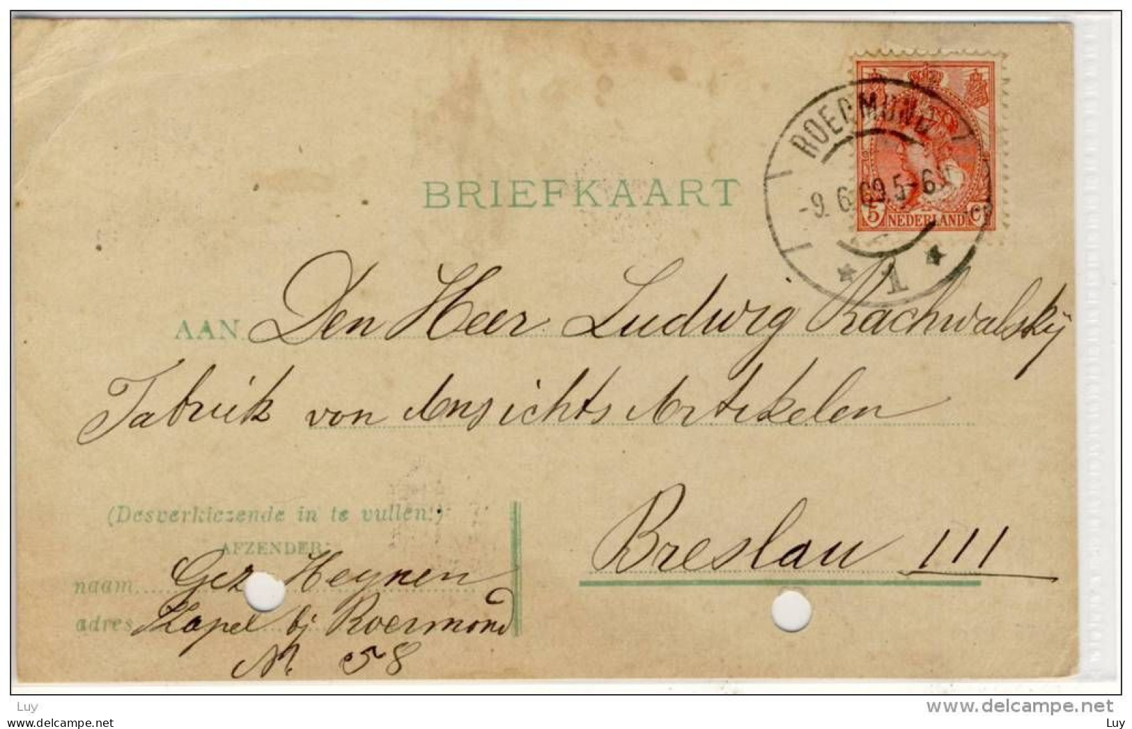 NEDERLAND - Briefkaart,  1909,  PU Roedmond - Briefe U. Dokumente