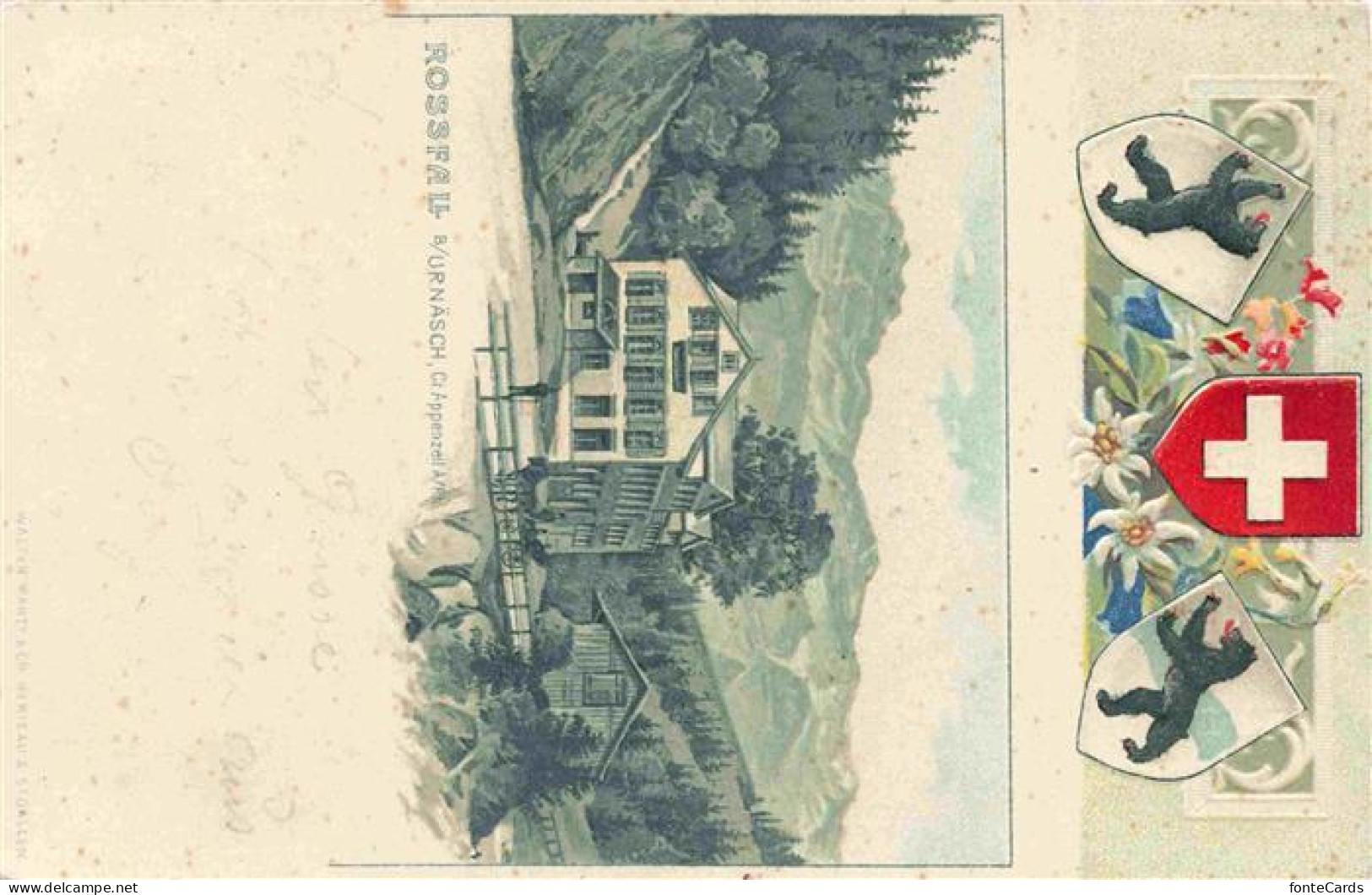 13975011 Rossfall_Urnaesch_AR Hotel Alpen Kuenstlerkarte Wappen - Autres & Non Classés