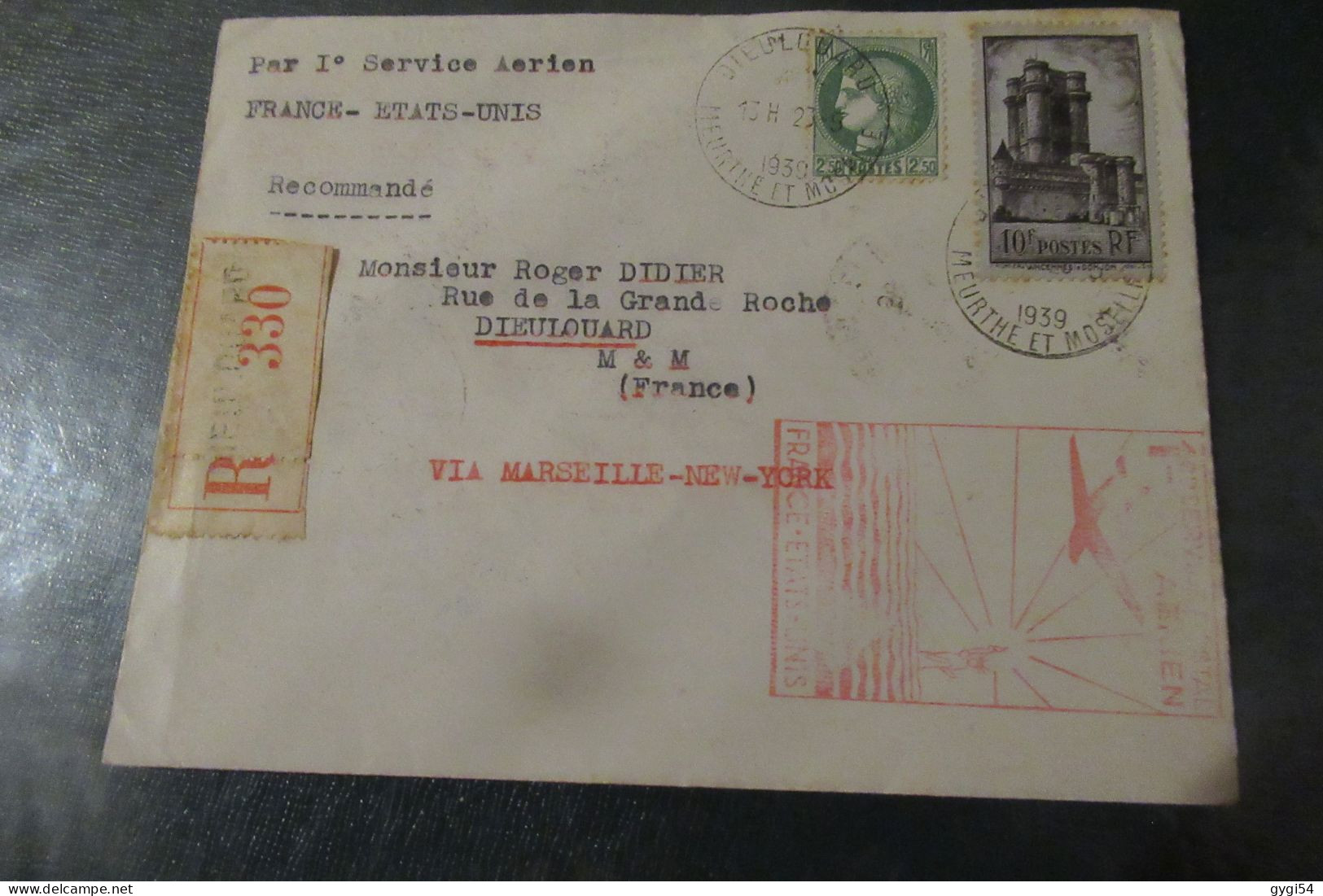 Par Premier Service Aérien France Etats - Unis 1939 Lettre Recommandée  Dieulouard - Erst- U. Sonderflugbriefe