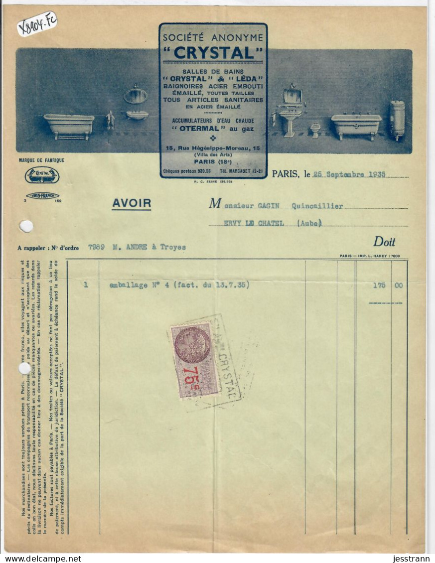 PARIS XVIII EME- 1935- AVOIR- SA CRYSTAL- SALLES DE BAINS- BELLE EN-TETE - 1900 – 1949
