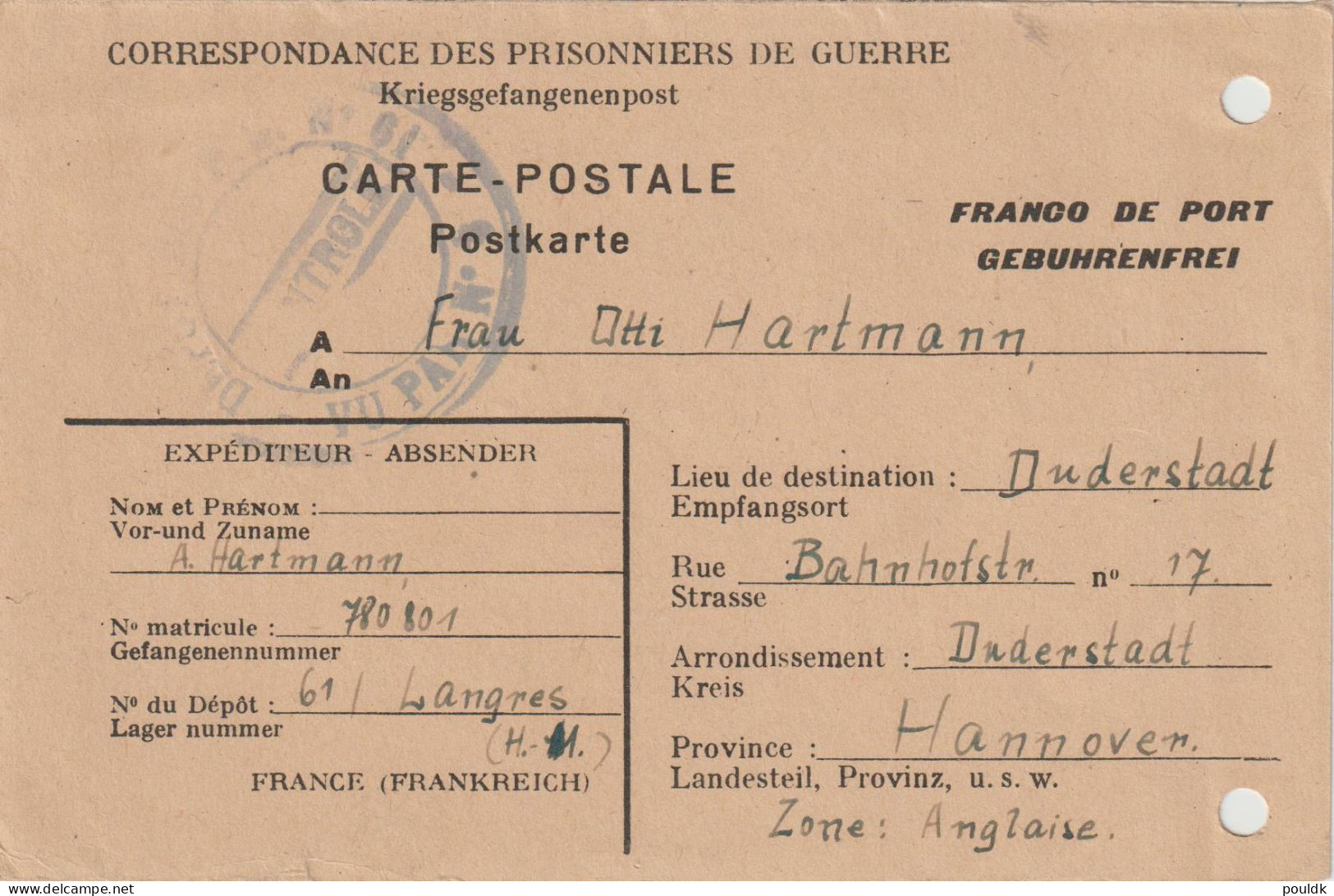 German Prisoner Of War Card From France, P.G. Depot 61 Located Langres (Haute Marne) Signed  27.10.1947. With Archive - Militaria