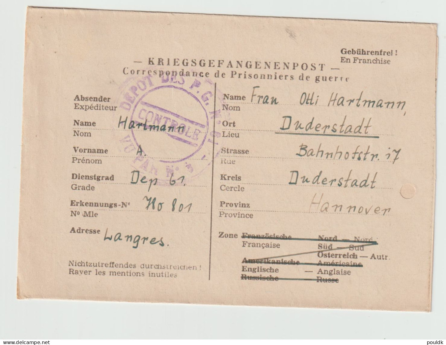 German Prisoner Of War Letter From France, P.G. Depot 61 Located Langres (Haute Marne) Signed  24.10.1947. With Archive - Militares