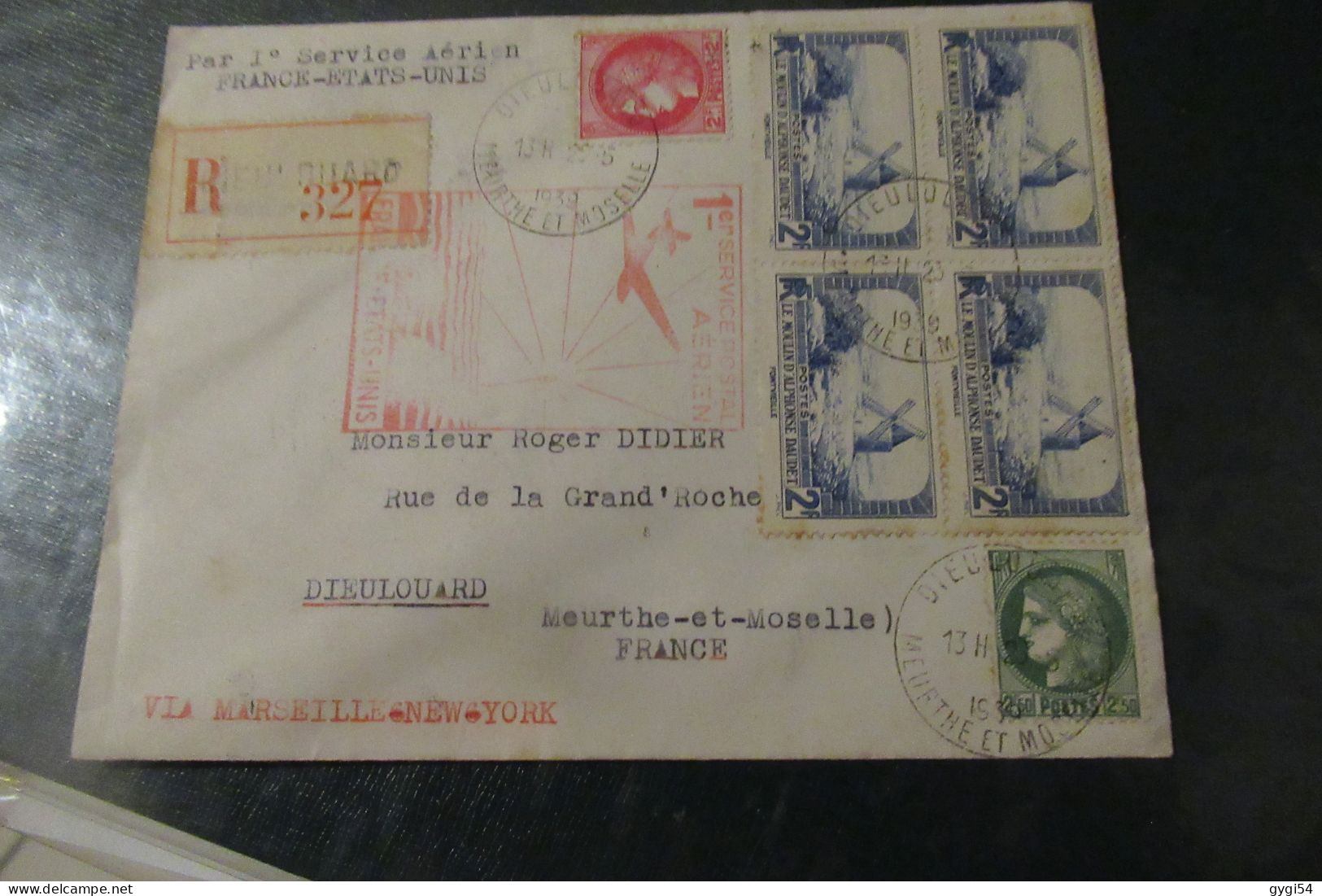 Par Premier Service Aérien France Etats - Unis 1939 Lettre Recommandée  Dieulouard - First Flight Covers