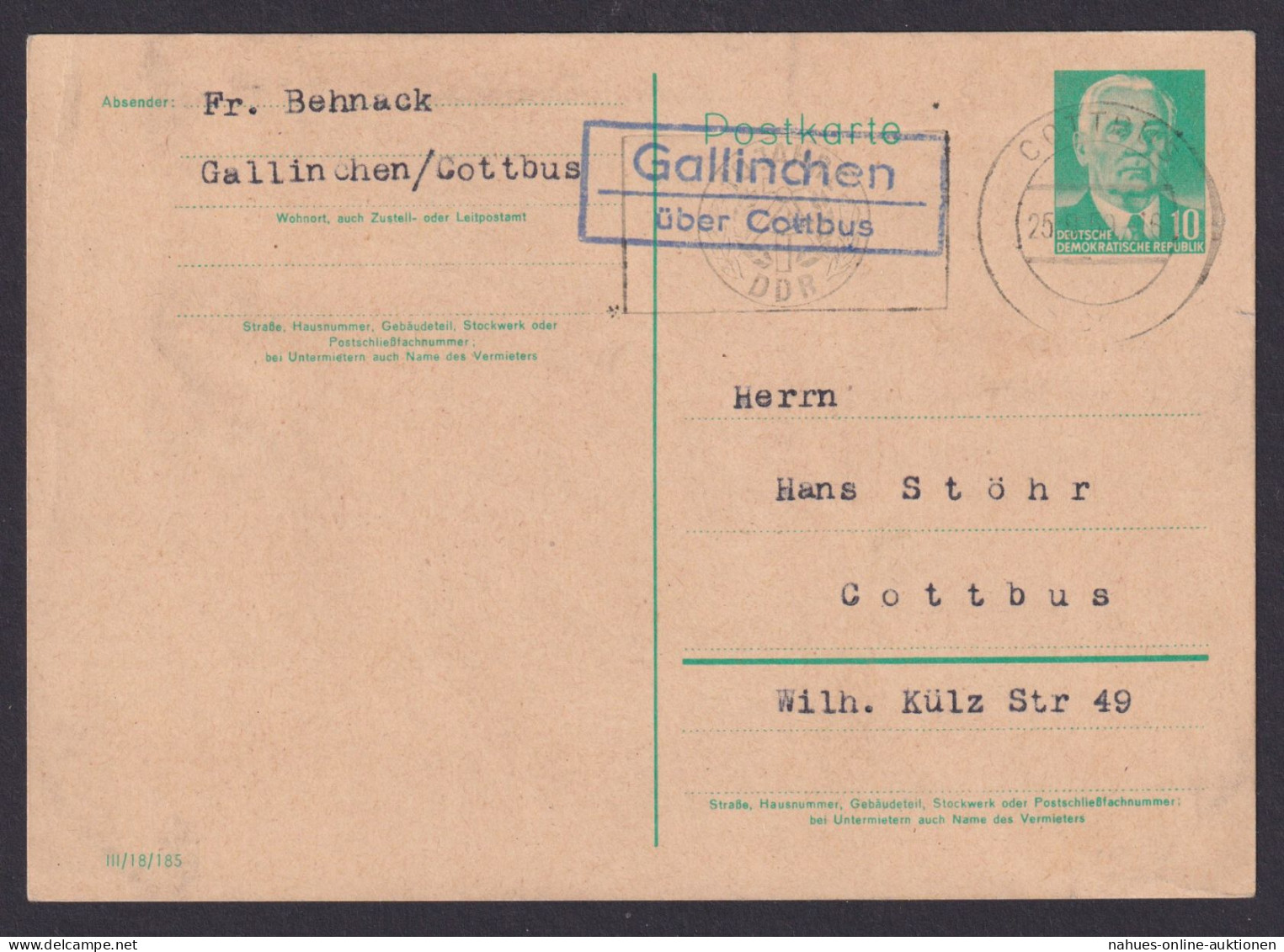 Gallinchen über Cottbus Brandenburg DDR Ganzsache Landpoststempel N. Cottbus - Briefe U. Dokumente
