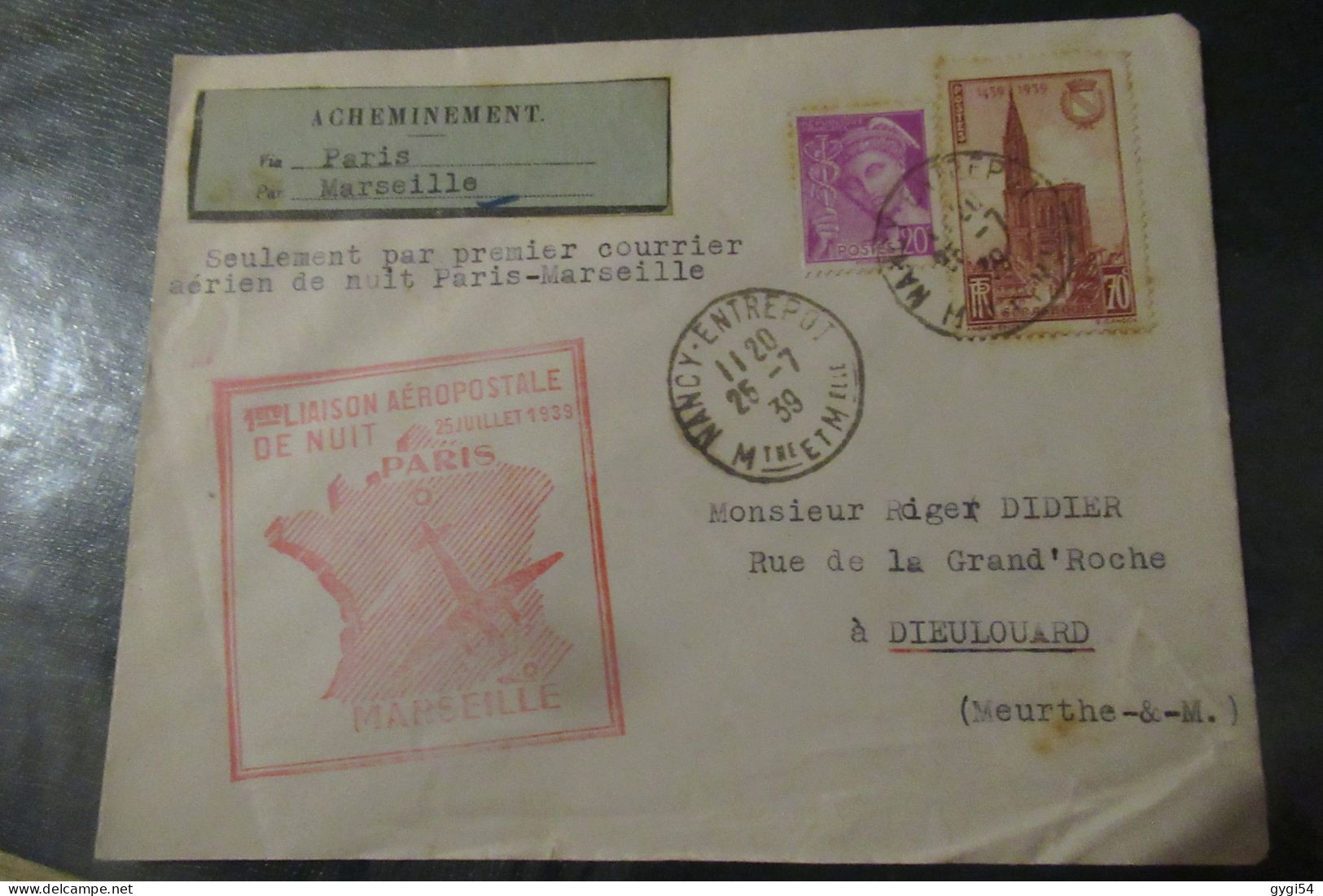 ACHEMINEMENT De PARIS Par  MARSEILLE Seulement Par Premier Courrier Aérien De Nuit 25 07 1939 - Premiers Vols