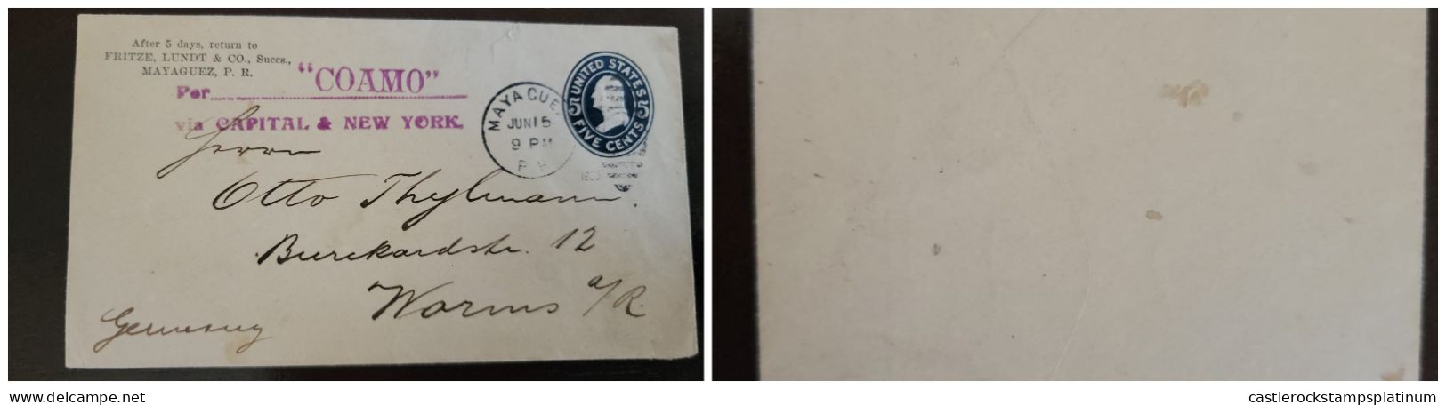 O) PUERTO RICO, MAYAGUEZ,  COAMO, VIA CAPITAL AND NEW YORK, US OCCUPATION,  WASHINGTON 5c POSTAL STATIONERY EMBOSSED, CI - Andere & Zonder Classificatie