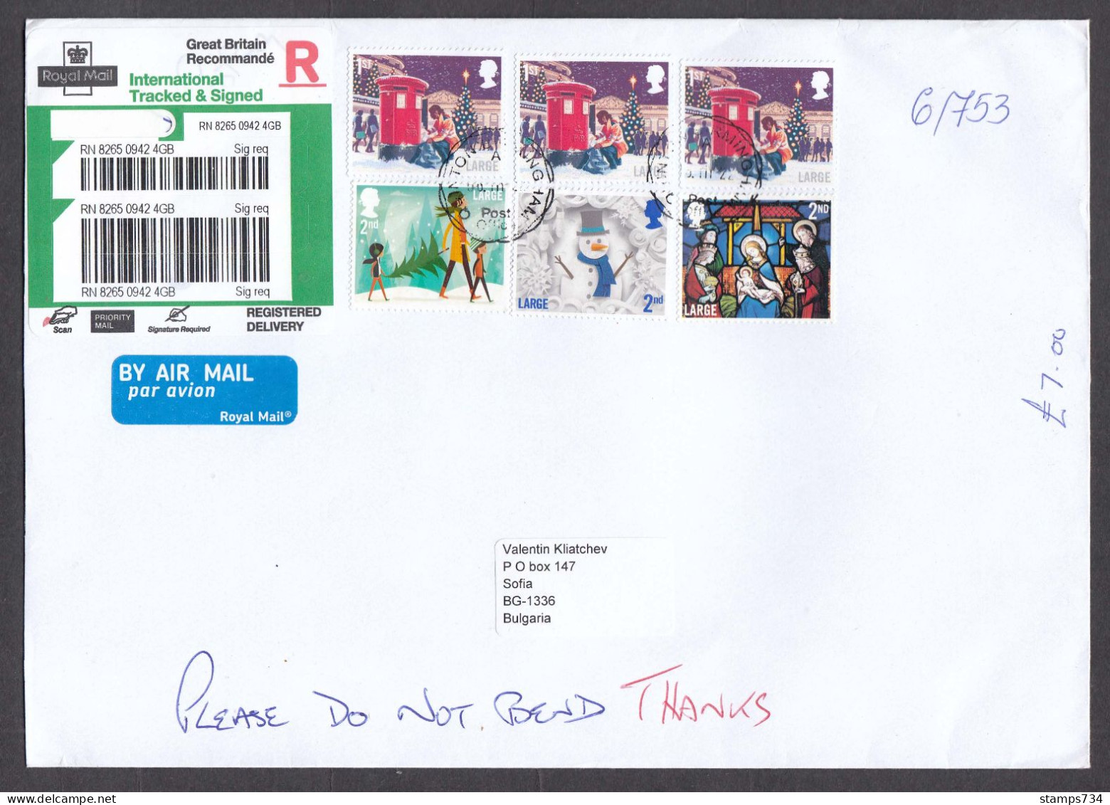 Great Britain 2022/13 - 7.00 Pound, CHRISTMAS, R-letter From GB To Bulgaria - Zonder Classificatie