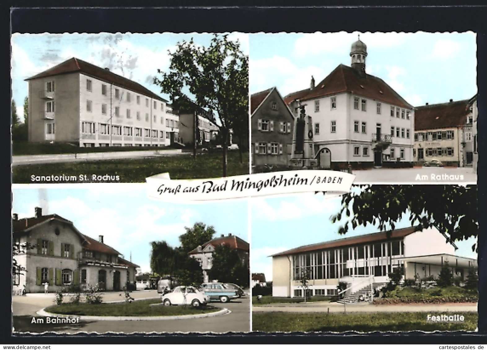 AK Bad Mingolsheim /Baden, Sanatorium St. Rochus, Bahnhof, Rathaus Und Festhalle  - Baden-Baden