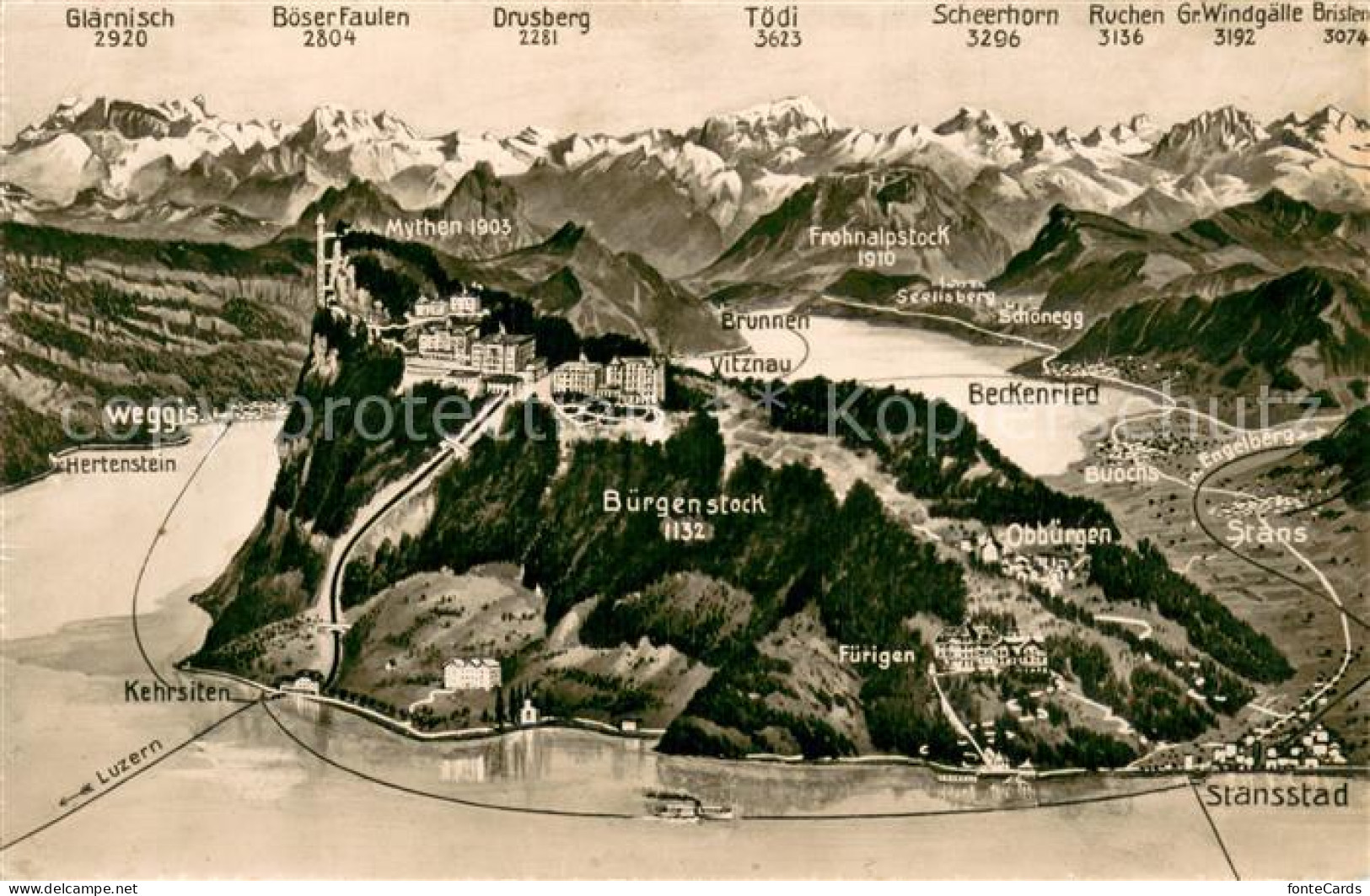 13735886 Buergenstock Vierwaldstaettersee Panoramakarte Mit Weggis Brunnen Vitzn - Sonstige & Ohne Zuordnung