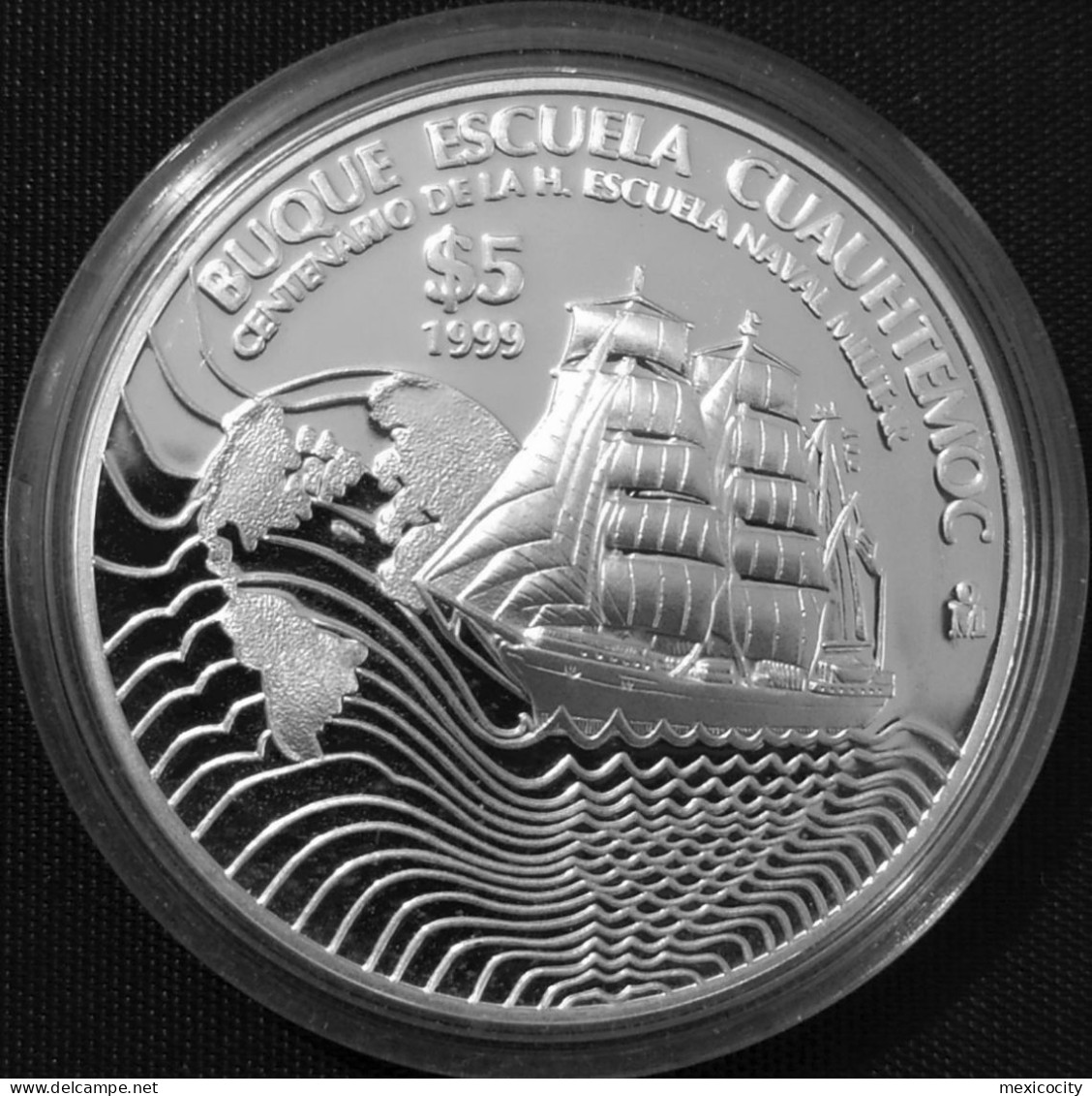 MEXICO 1999 $5 CUAUHTEMOC Vessel Ship .999 Silver Coin, See Imgs., Nice, Rather Scarce - Mexique