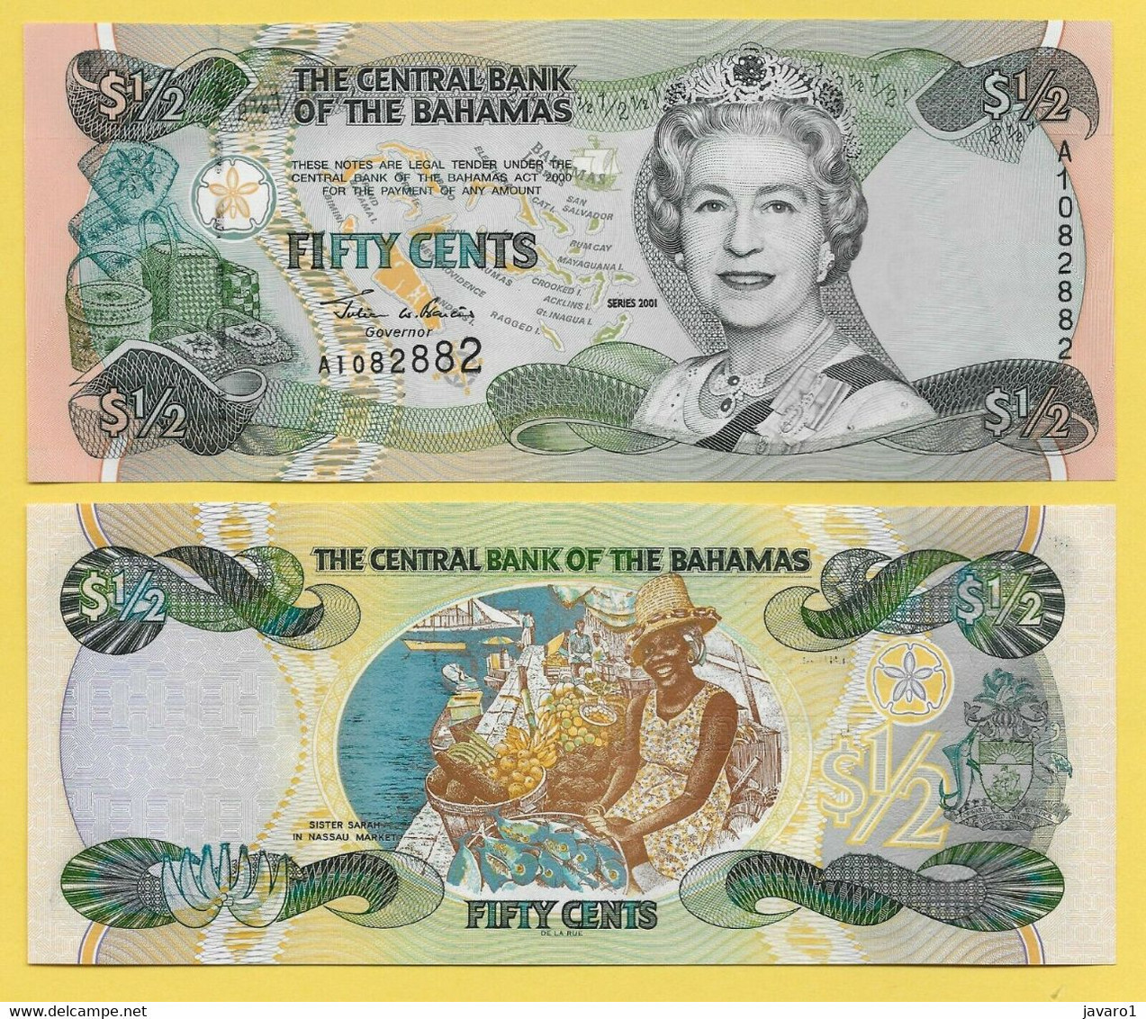 BAHAMAS :  1/2 Dollar //  FIFTY Cents  Series 2001 Letter A  UNC - Bahama's