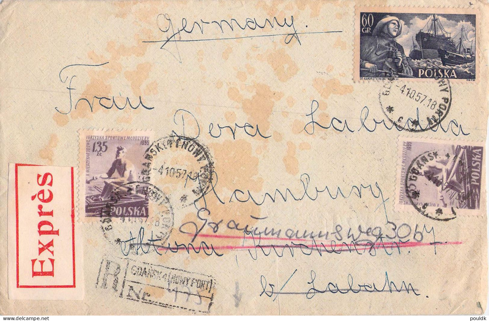 Poland Expres Cover Posted Gdansk 4 (Nowy Port) 4.10.1957 - Well Travelled In Hamburg. Dirty & Cut Into. Postal Weight 0 - Covers & Documents