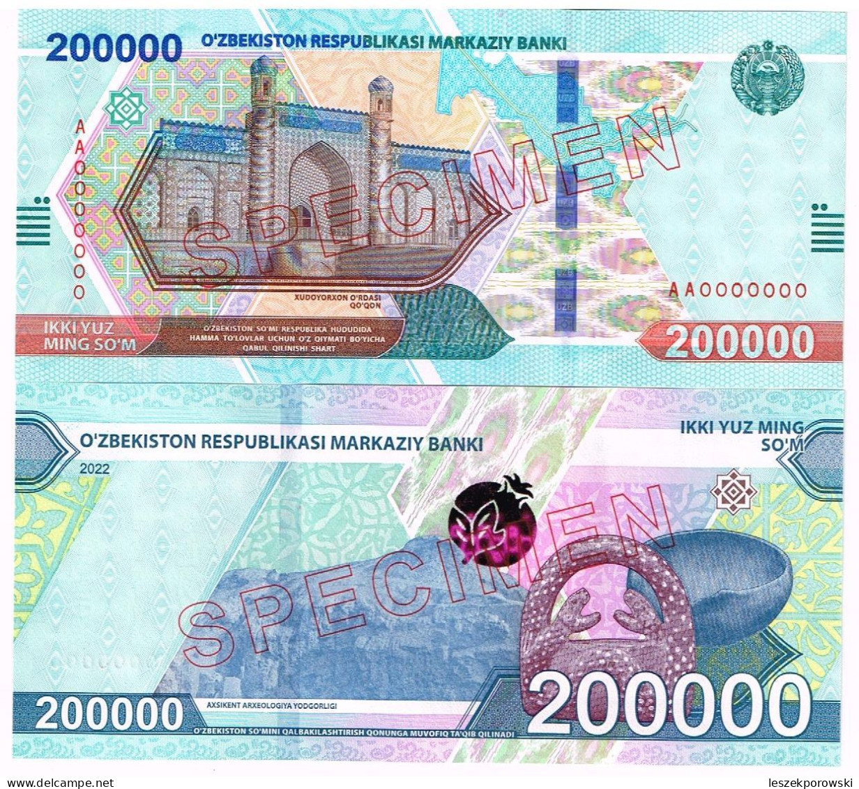 Uzbekistan 200000 Som SPECIMEN P-93 AA0000000 Rare UNC - Oezbekistan