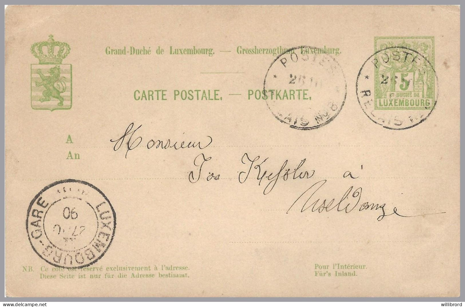 LUXEMBOURG - 1890 POSTES RELAIS No. 8 [RAMBROUCH] To Useldange - 5c Green Allegory Postal Card (3rd Issue) - 1882 Alegorias