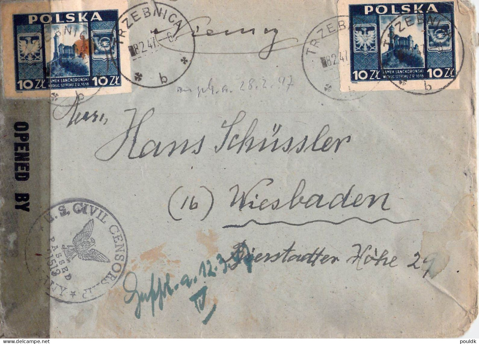 Censored Polish Cover To Germany Posted Trzebnica 8.2.1947 And Censored By The Americans (label + Cachet). Postal Weight - Briefe U. Dokumente