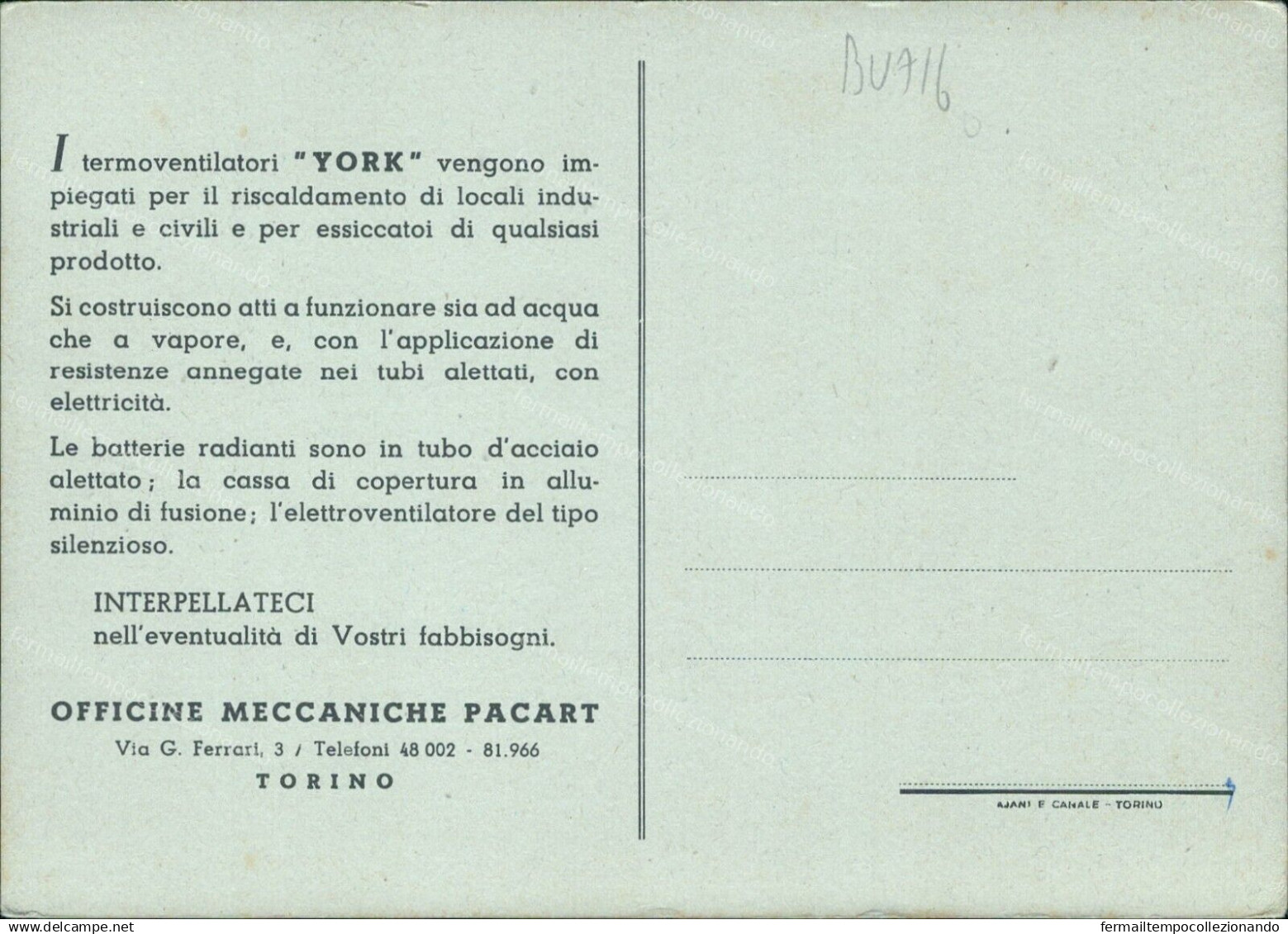 Bu716 Cartolina Pubblicitaria Torino Officine Meccaniche Pacart - Milano